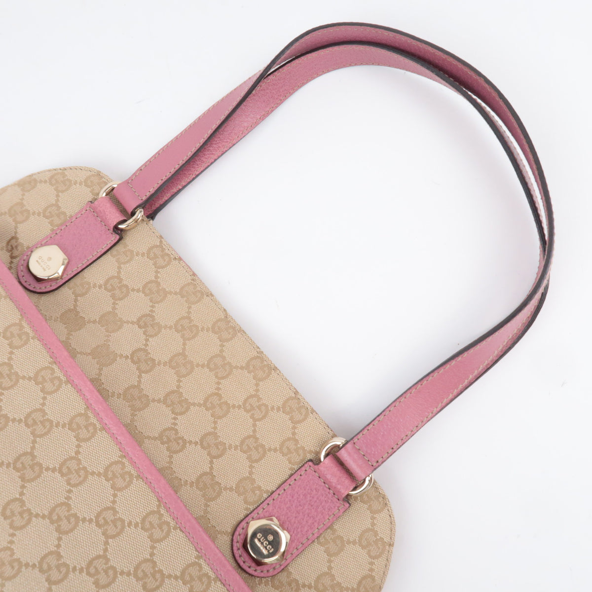 GUCCI GG Canvas Tote Bag Pink Leather Trim Shoulder Handbag 163288