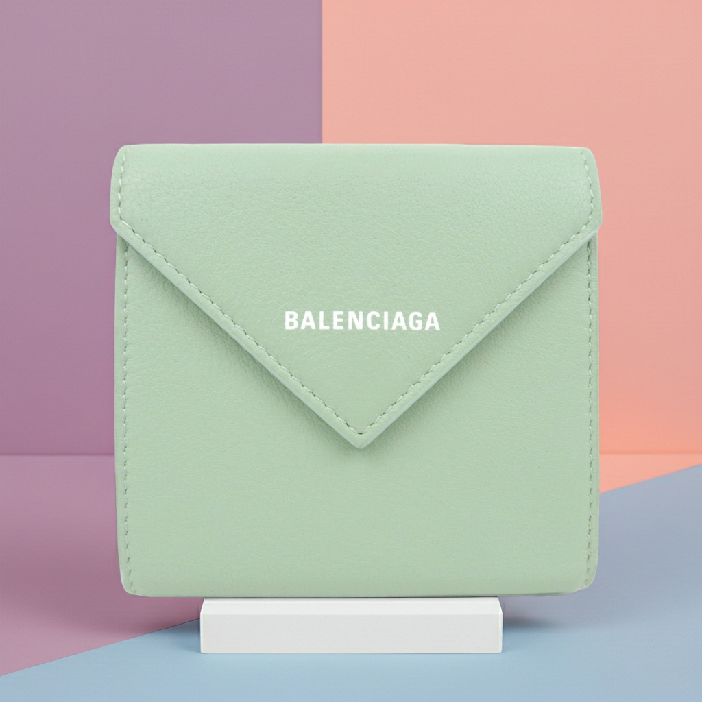 BALENCIAGA Paper Wallet Tri fold Wallet Light Green 637450 *Box, Dust Bag