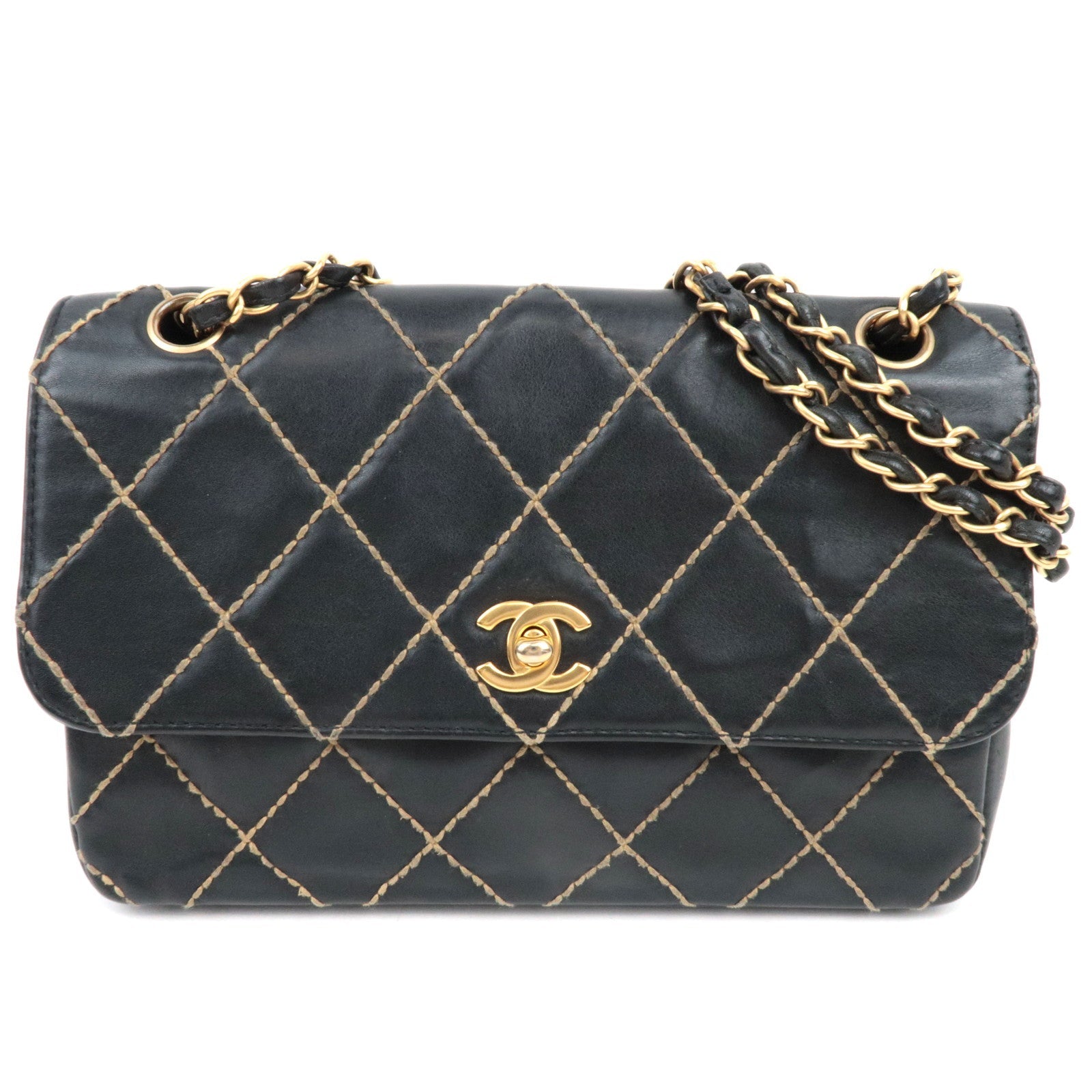 CHANEL WildStitch Leather W Chain Bag Black Gold HDW A14687 *Dust bag, G Card