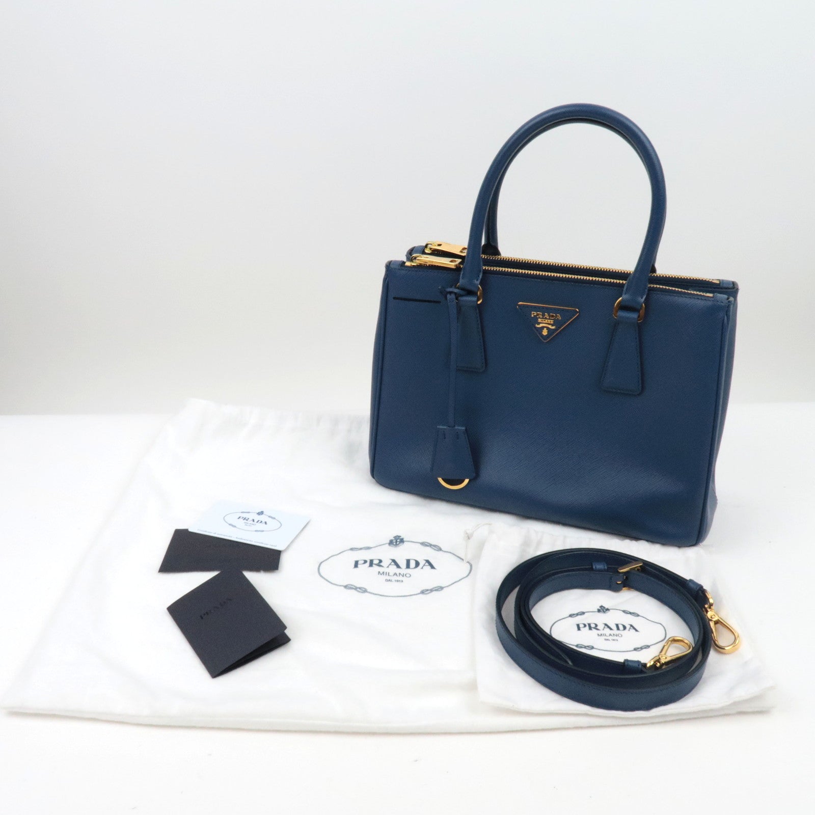 PRADA Saffiano Leather Galleria Bag Blue BN2863 *Dust bag, Strap, G card
