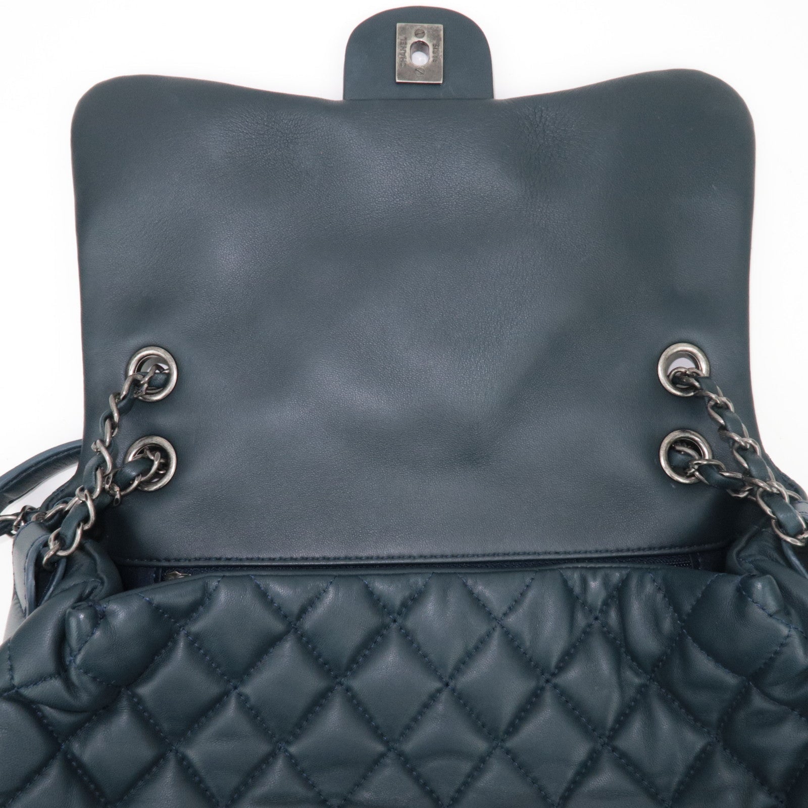 CHANEL Matelasse Lambskin Single Flap W Chain Bag Navy SV HDW *Dust bag, G Card