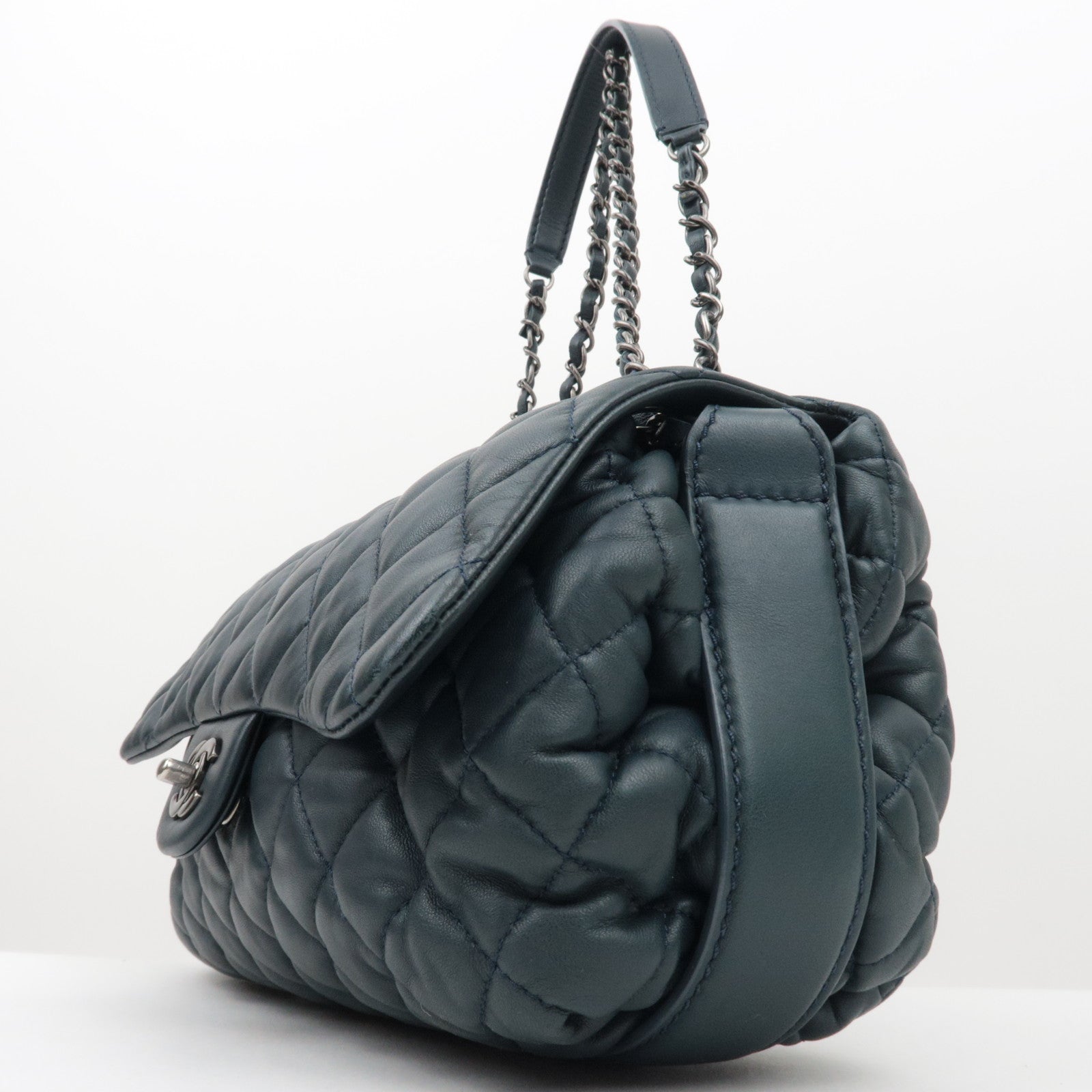 CHANEL Matelasse Lambskin Single Flap W Chain Bag Navy SV HDW *Dust bag, G Card