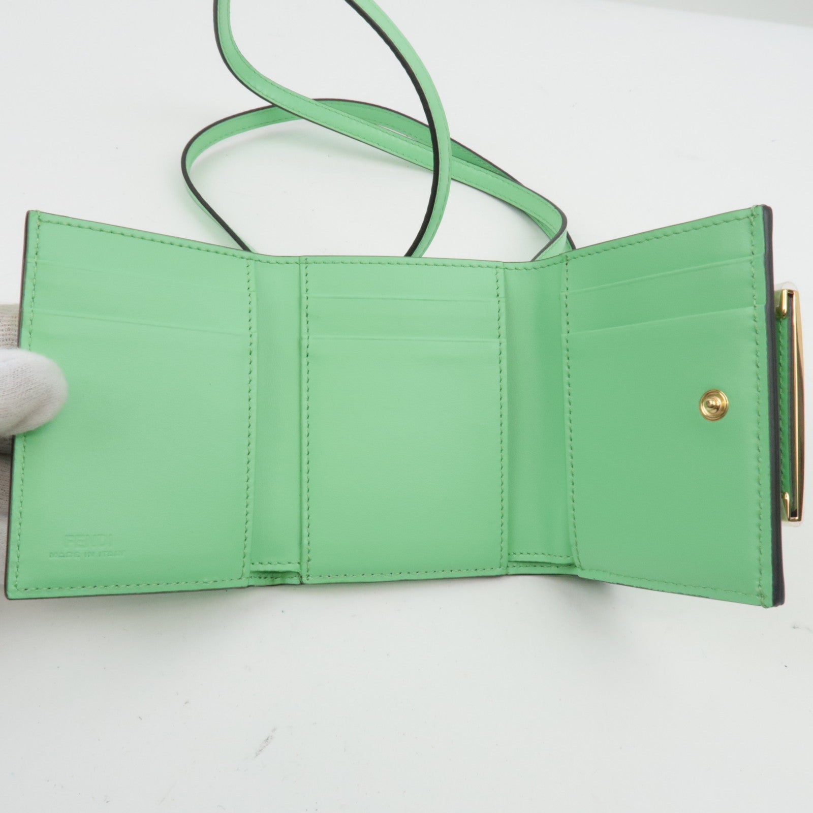 FENDI Micro Baguette Tri Fold Shoulder Wallet Light Green 8M0482 *Box, Dust bag