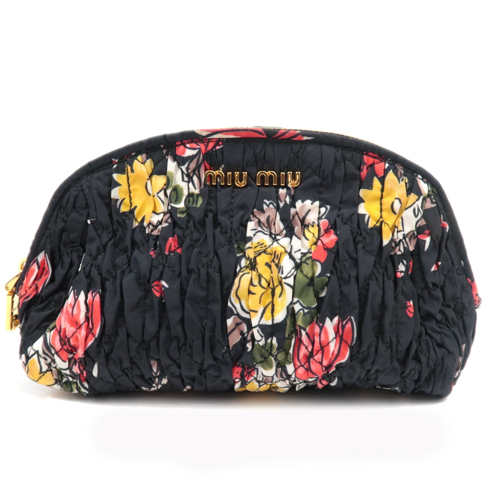 MIU MIU Nylon Bloemenprint Cosmetische Tas Zwart 