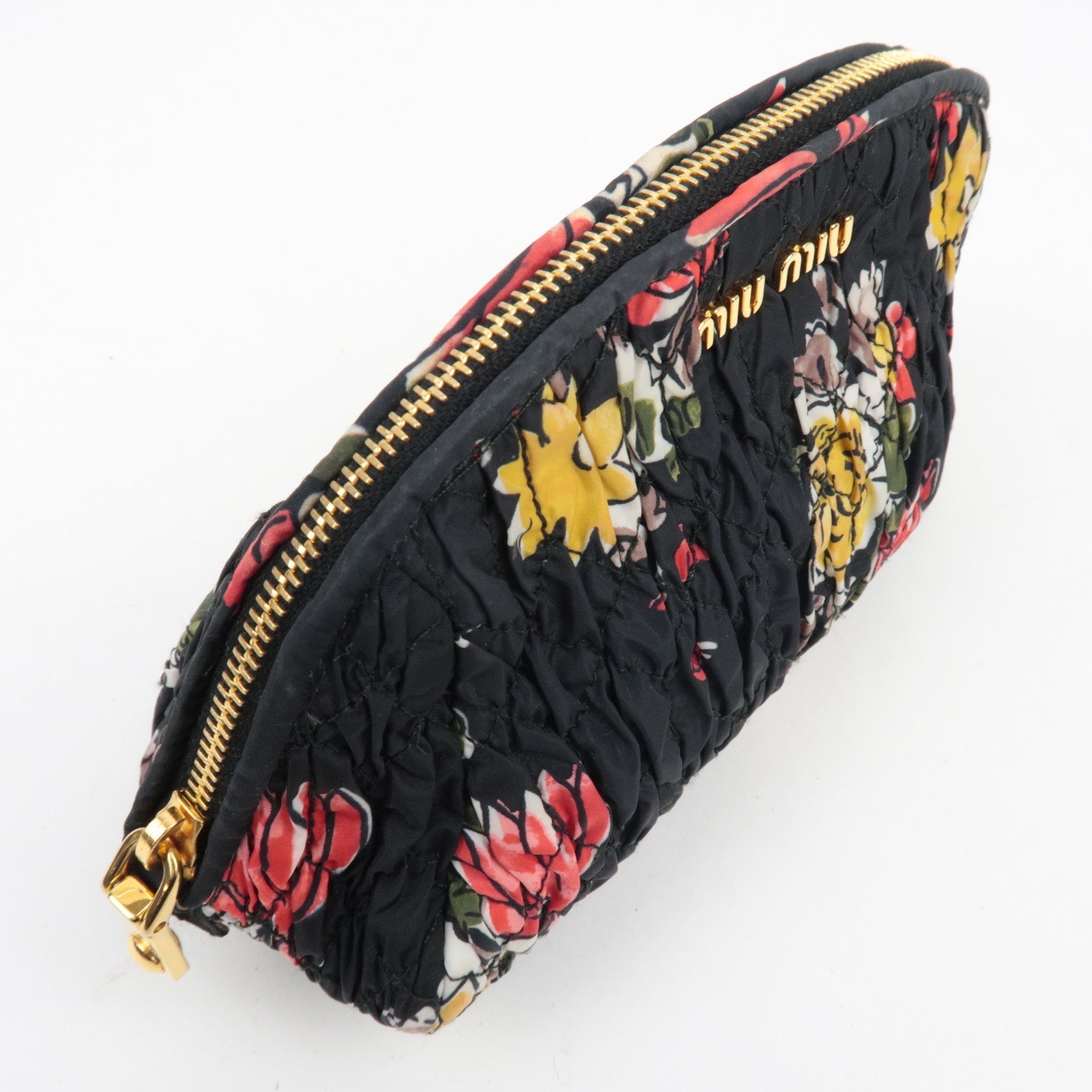 MIU MIU Nylon Bloemenprint Cosmetische Tas Zwart 