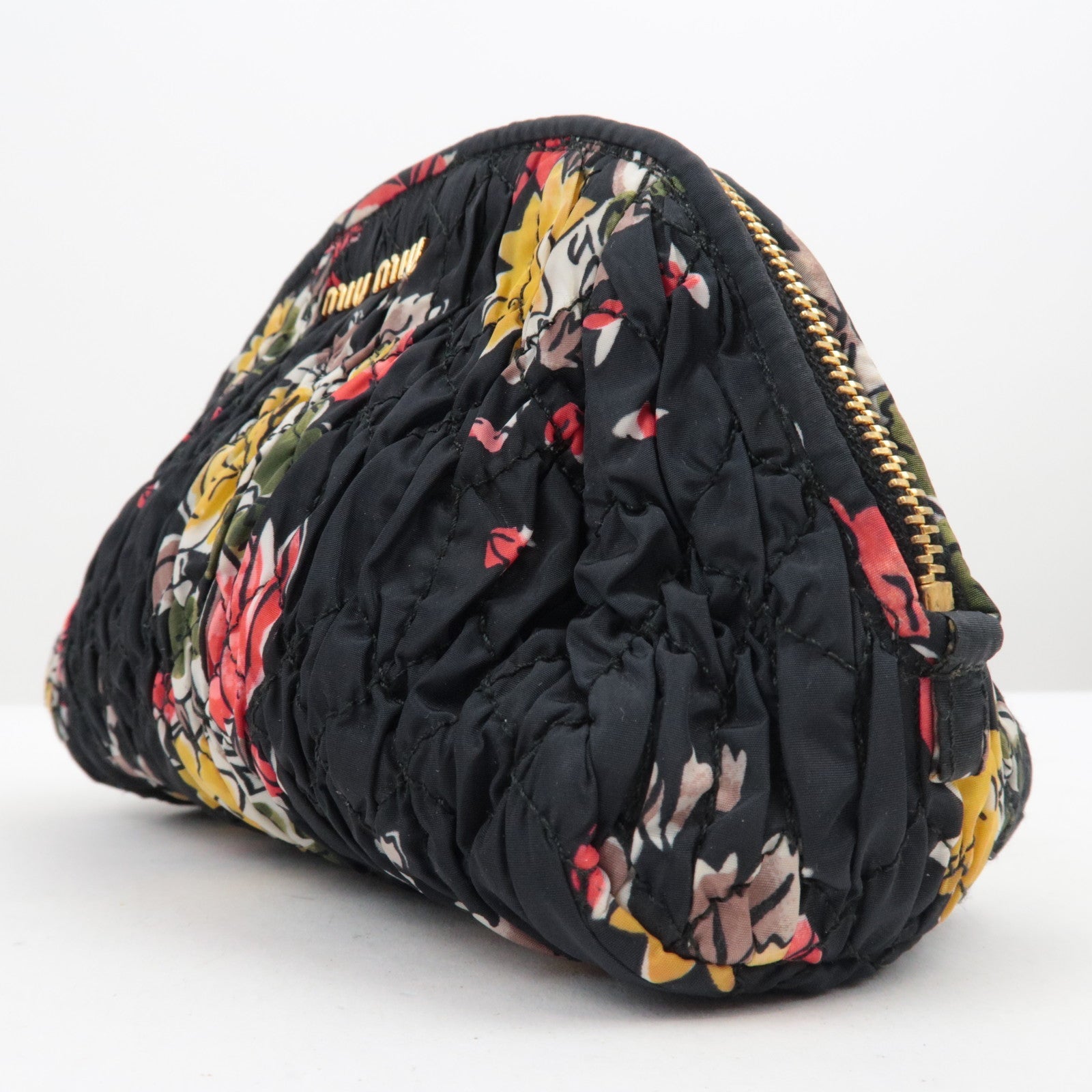 MIU MIU Nylon Bloemenprint Cosmetische Tas Zwart 