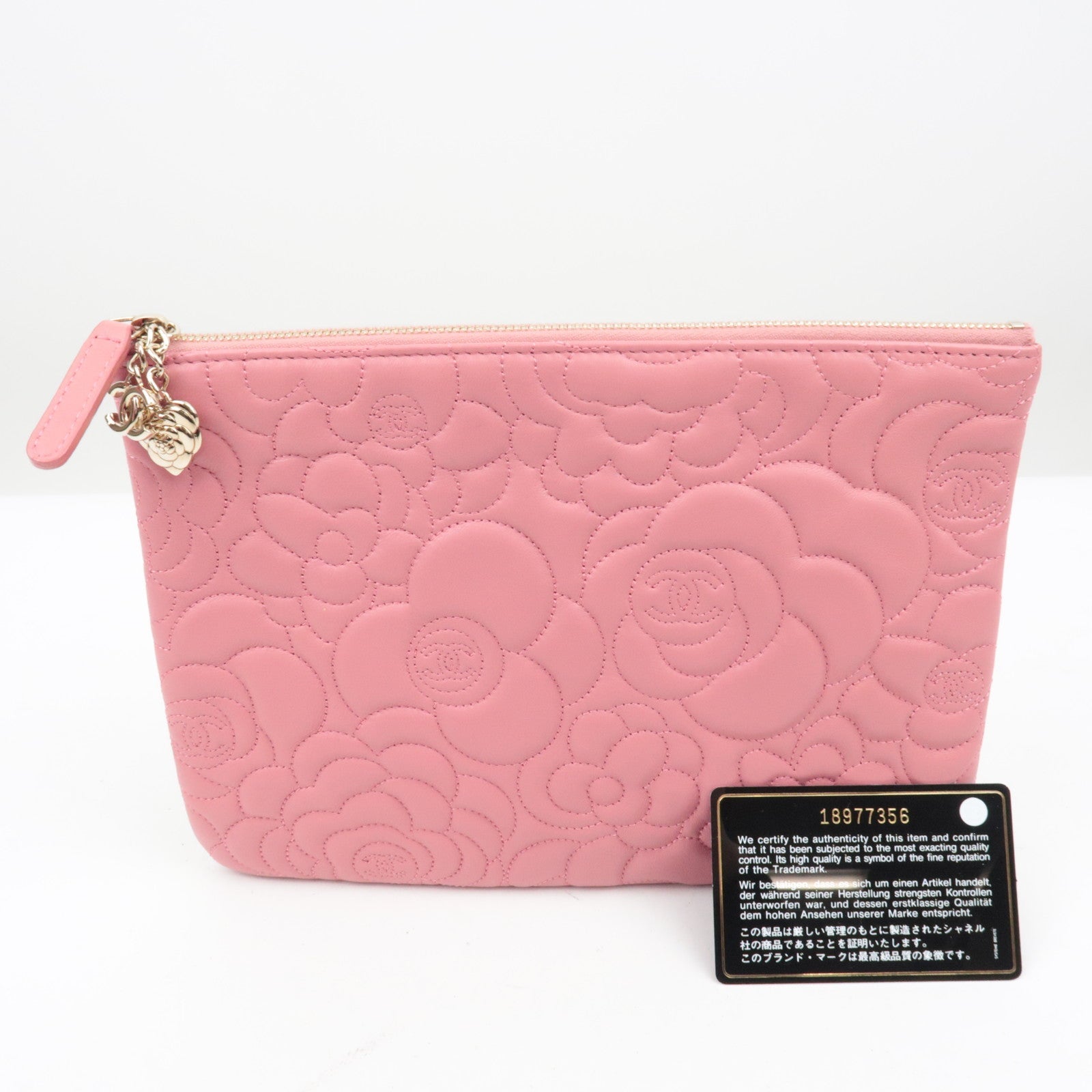 CHANEL Camelia Lambskin Clutch bag Pouch Gold HDW Pink *Guarantee Card
