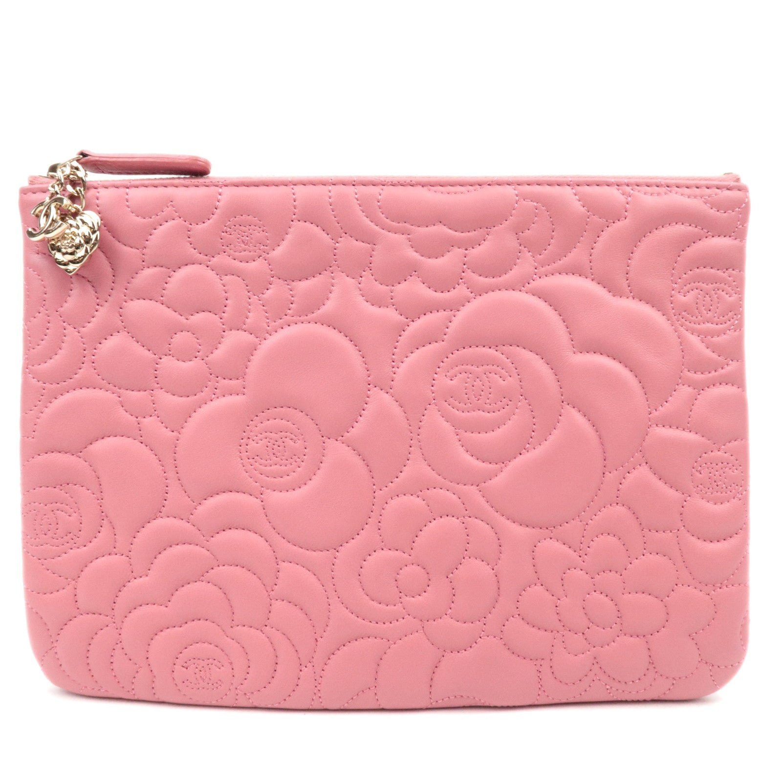 CHANEL Camelia Lambskin Clutch bag Pouch Gold HDW Pink *Guarantee Card