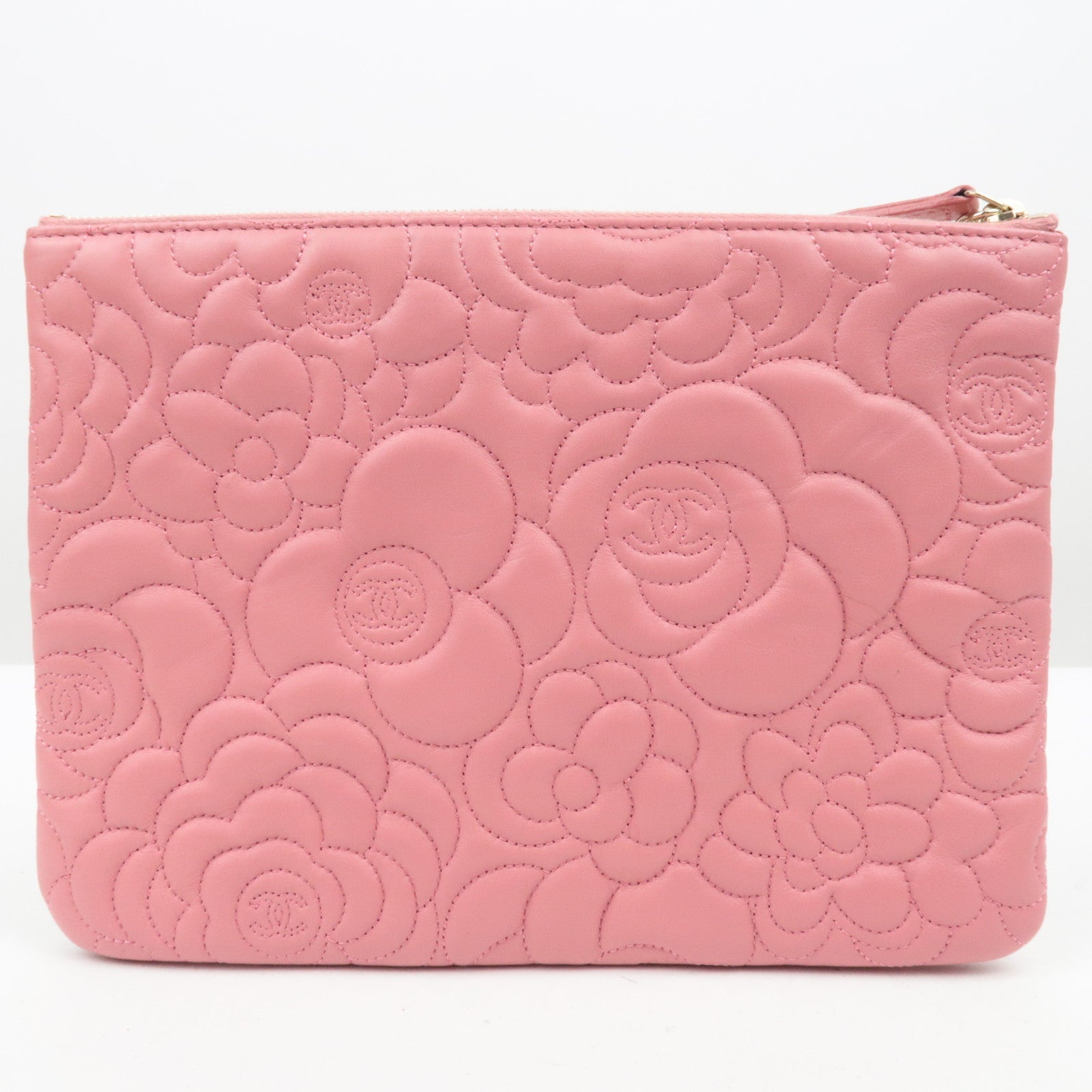 CHANEL Camelia Lambskin Clutch bag Pouch Gold HDW Pink *Guarantee Card