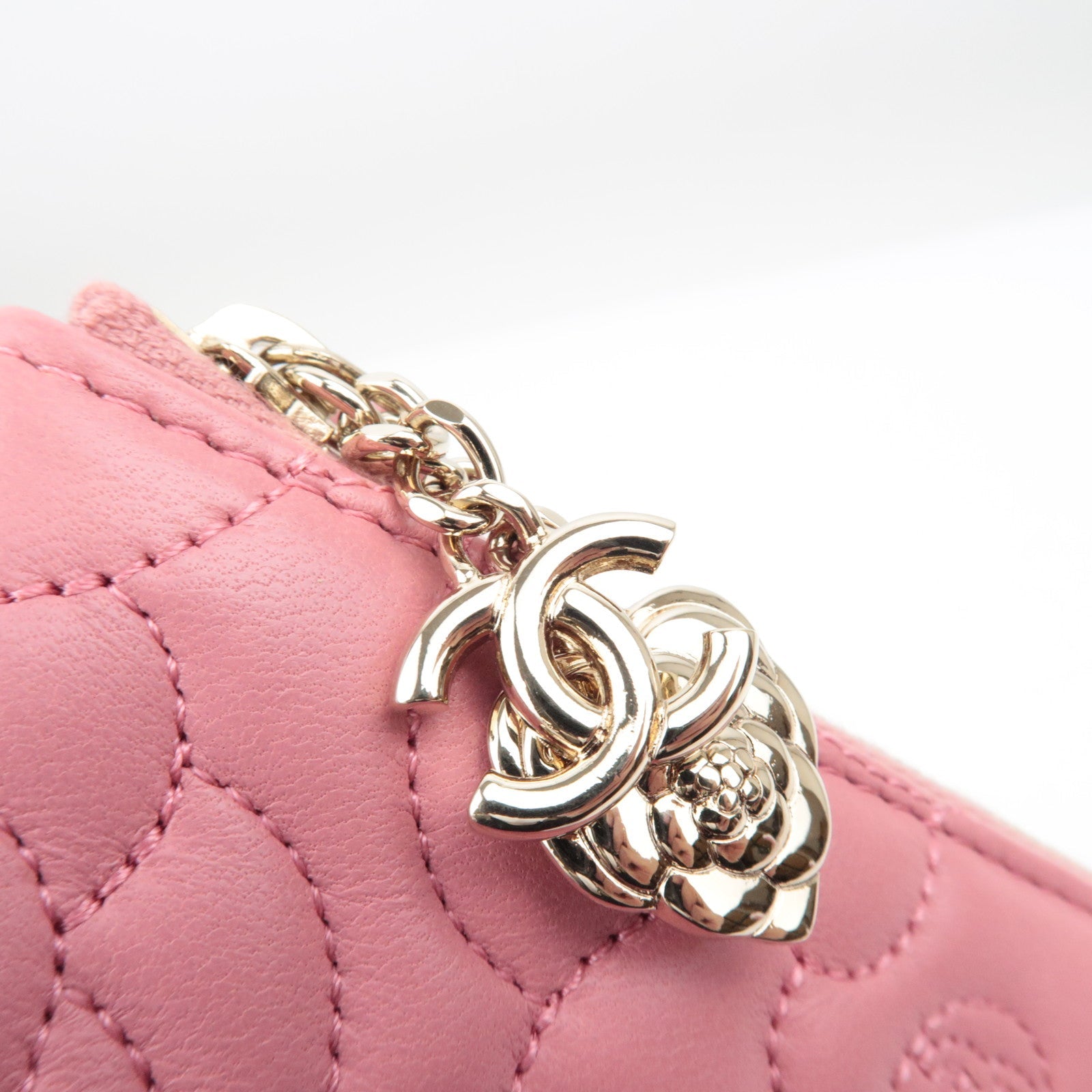 CHANEL Camelia Lambskin Clutch bag Pouch Gold HDW Pink *Guarantee Card