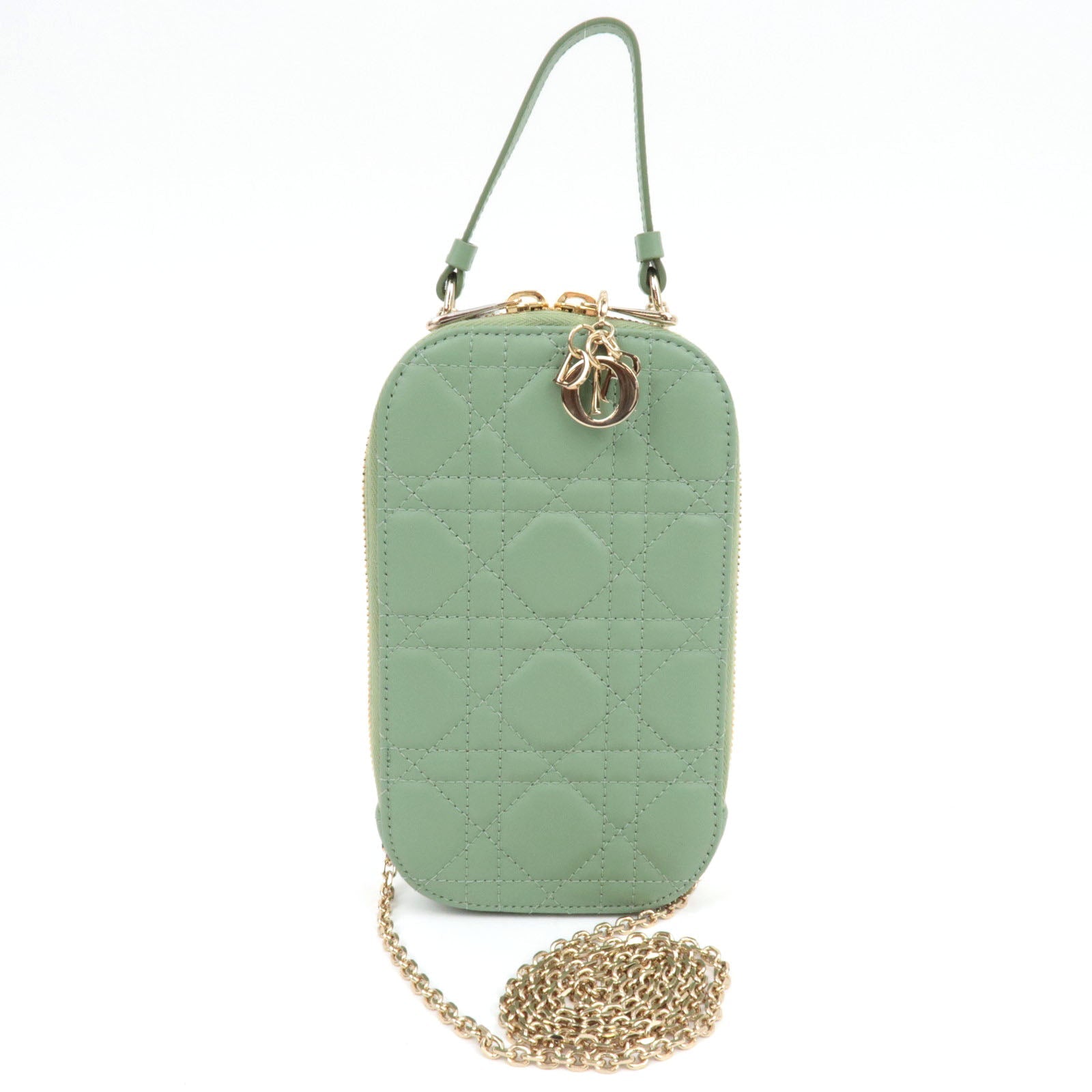 Christian Dior Cannage Lambskin Phone Holder Shoulder Bag Green *Dust bag, Strap, Chain strap, Charm
