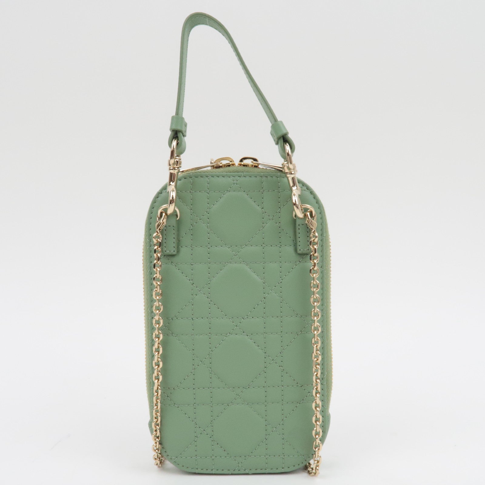 Christian Dior Cannage Lambskin Phone Holder Shoulder Bag Green *Dust bag, Strap, Chain strap, Charm