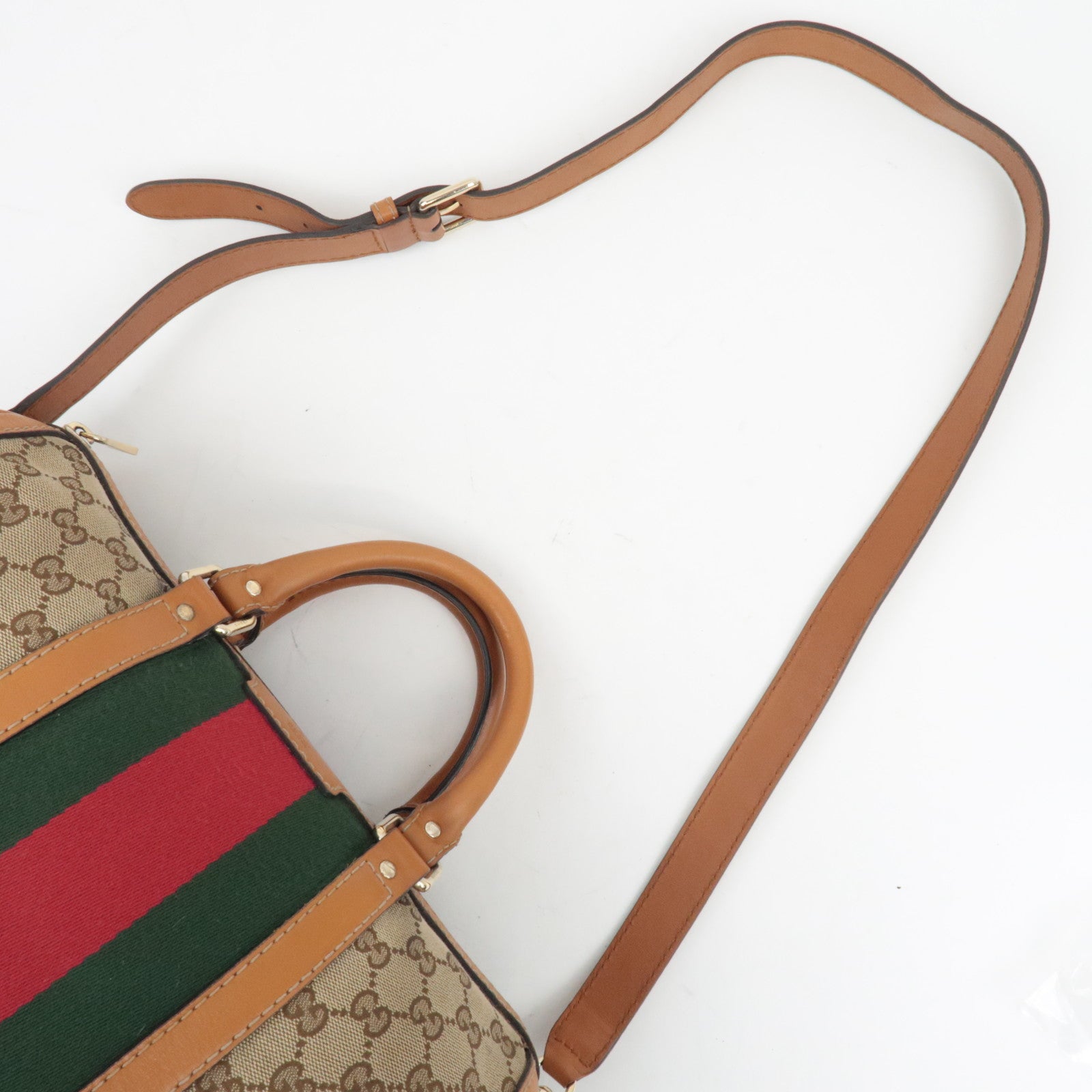 GUCCI Sherry GG canvas leren 2WAY Boston tas beige bruin 247205 *band 