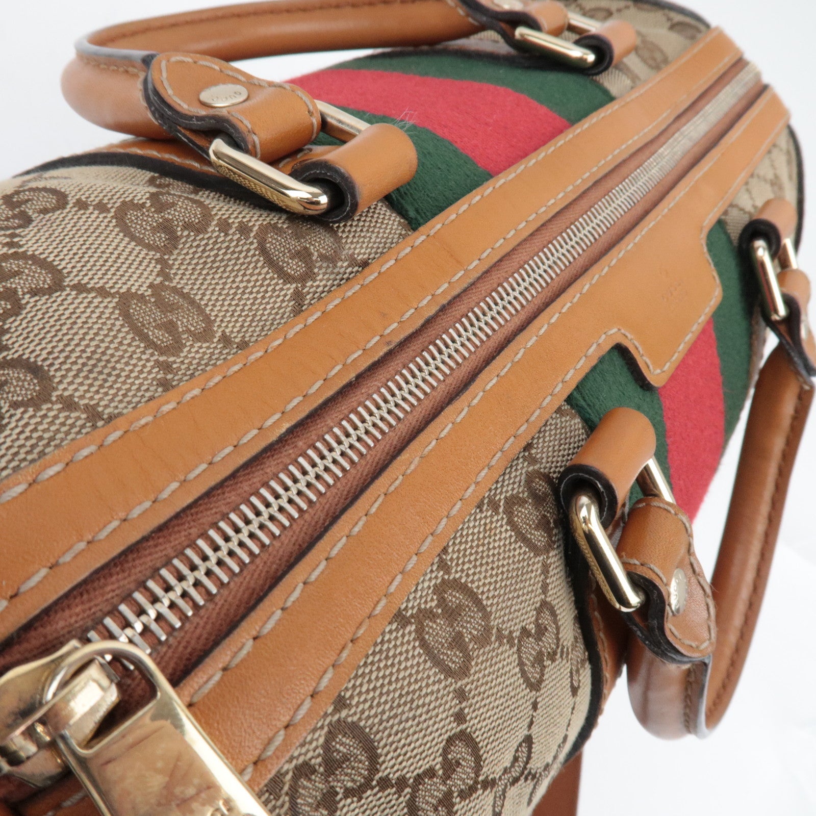 GUCCI Sherry GG canvas leren 2WAY Boston tas beige bruin 247205 *band 