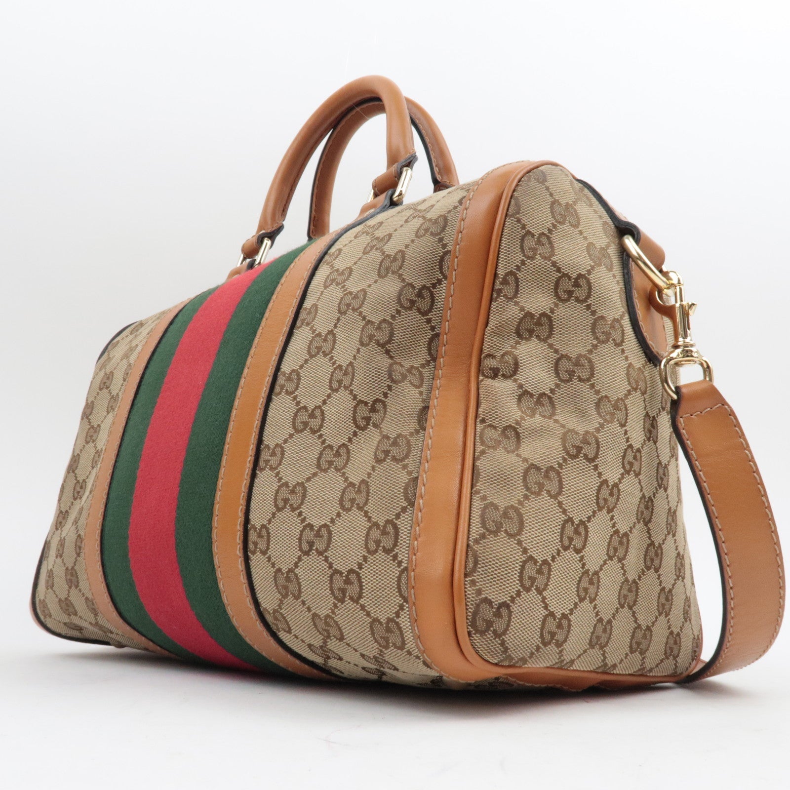 GUCCI Sherry GG canvas leren 2WAY Boston tas beige bruin 247205 *band 