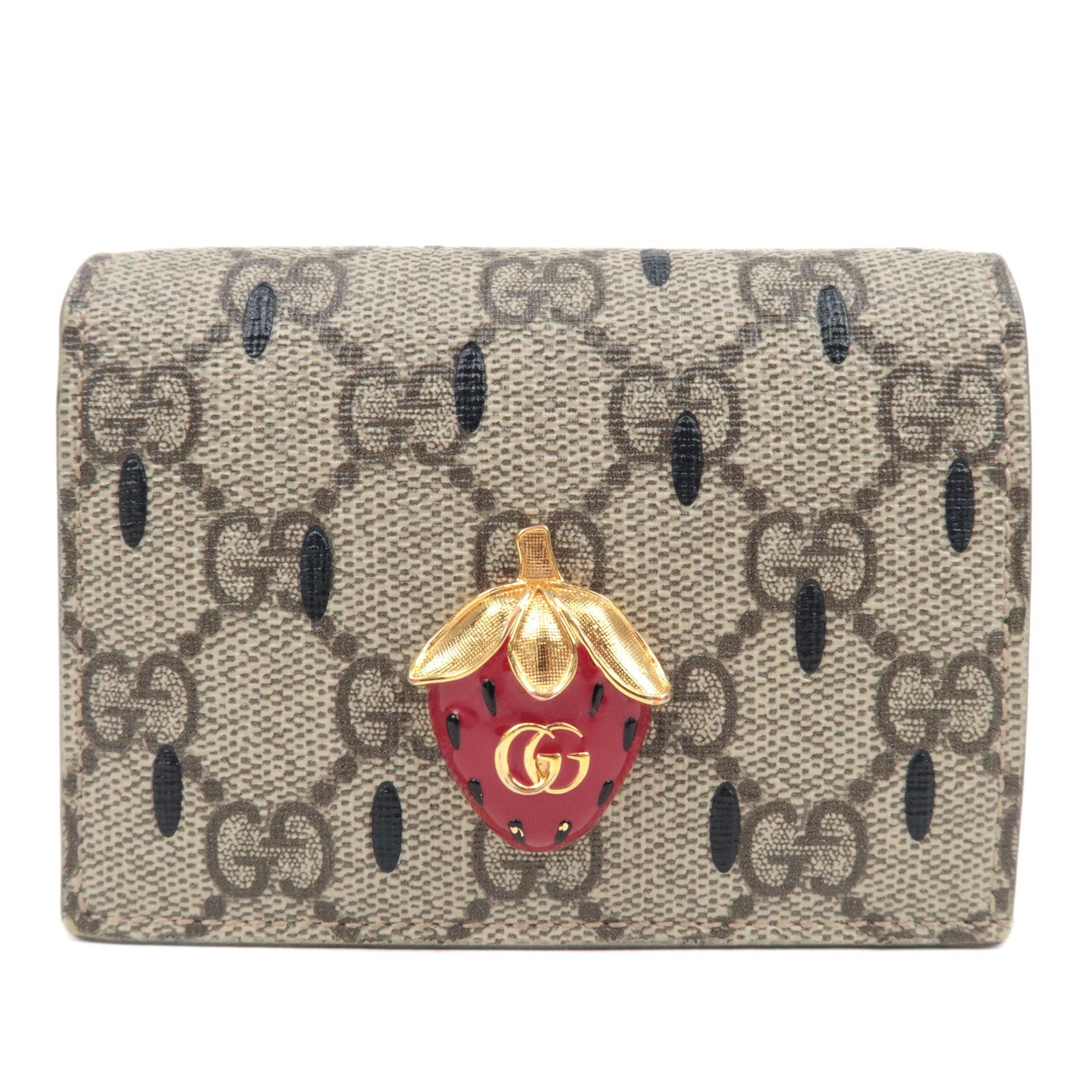 GUCCI GG Supreme Strawberry Compact Wallet Beige 726247 *Box, Dust Bag70045