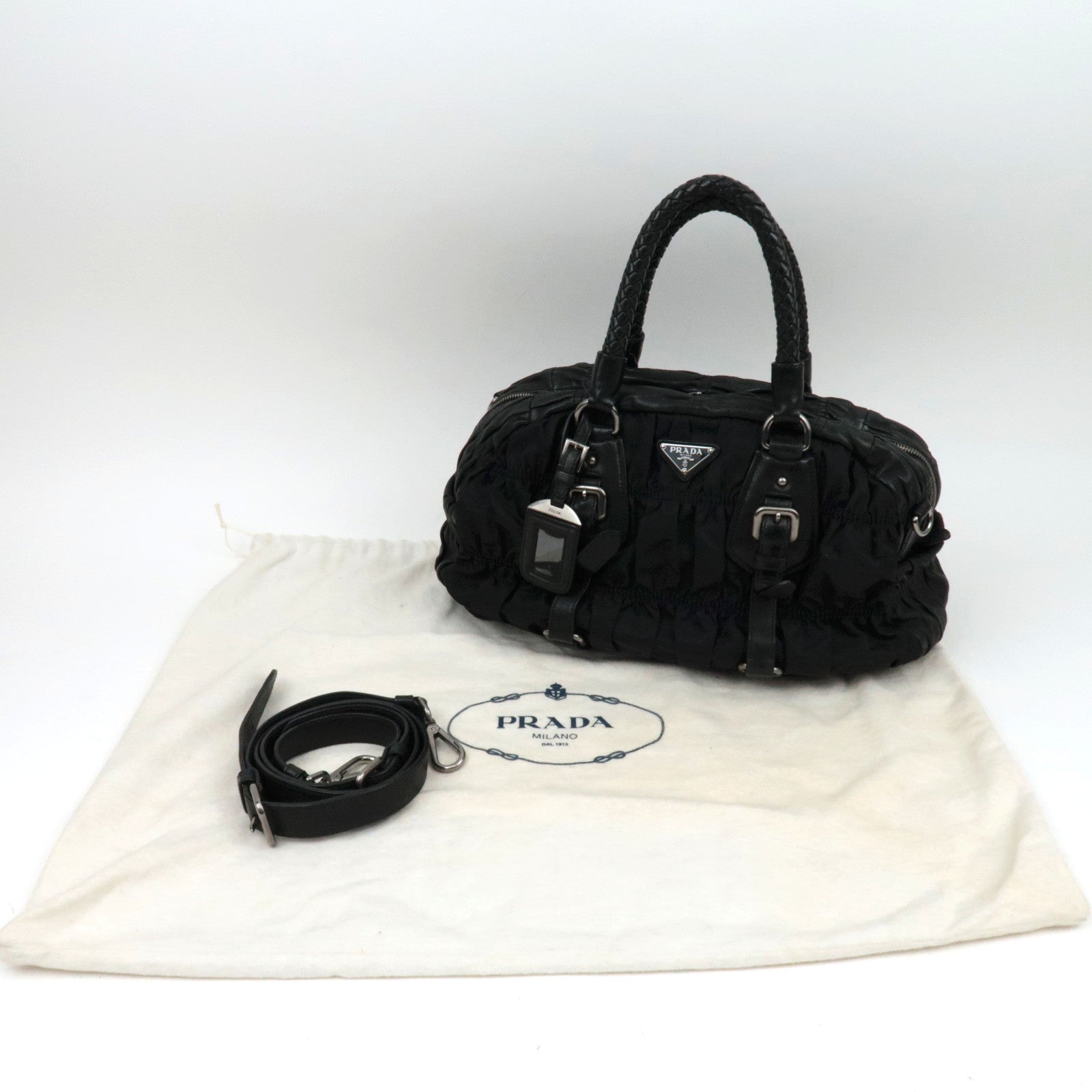PRADA Nylon Gathered 2WAY Hand Bag Black BL0397 ※Dust Bag, Strap, G card, Name tag
