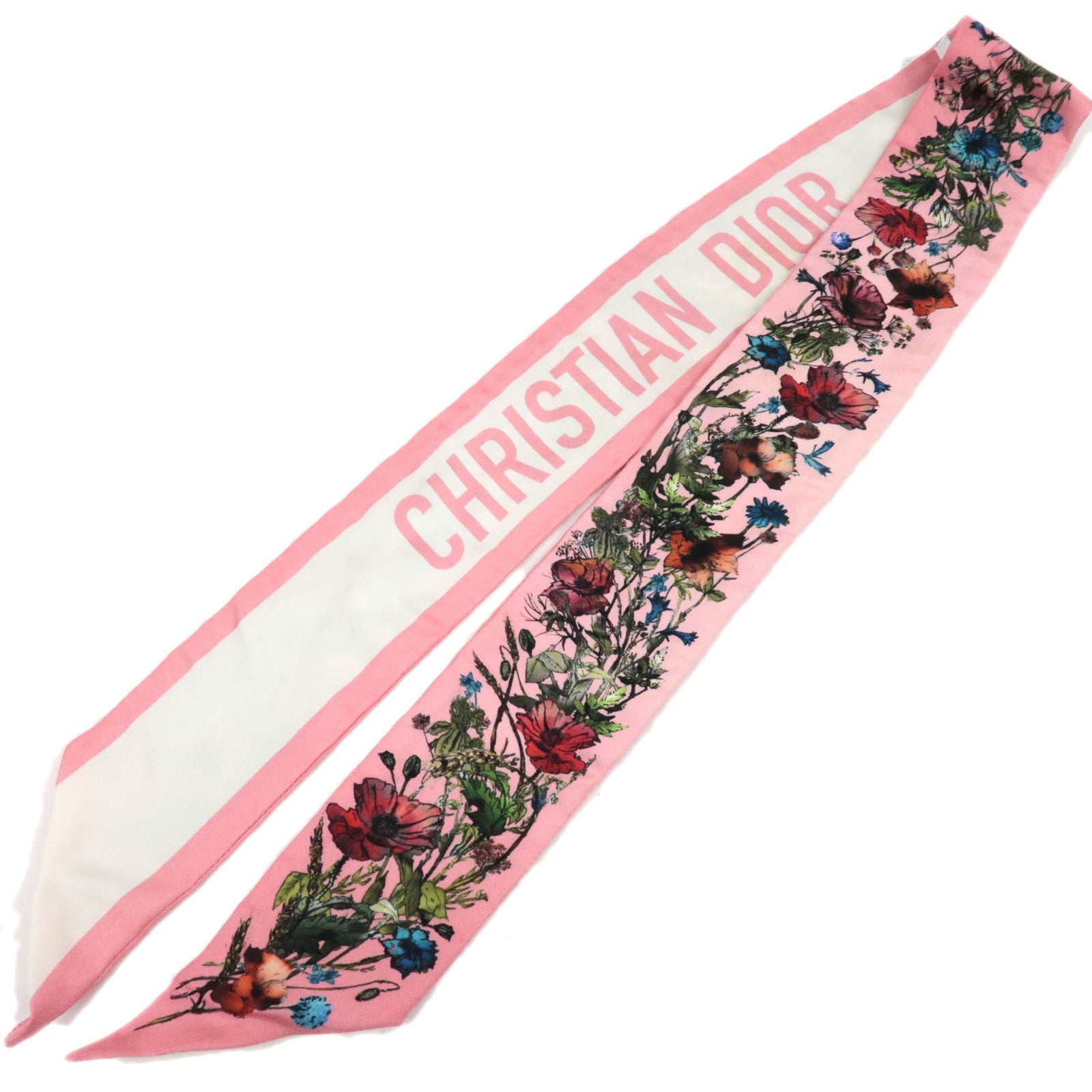 Christian Dior Twilly Scarf Silk 100% White Pink *Box70565