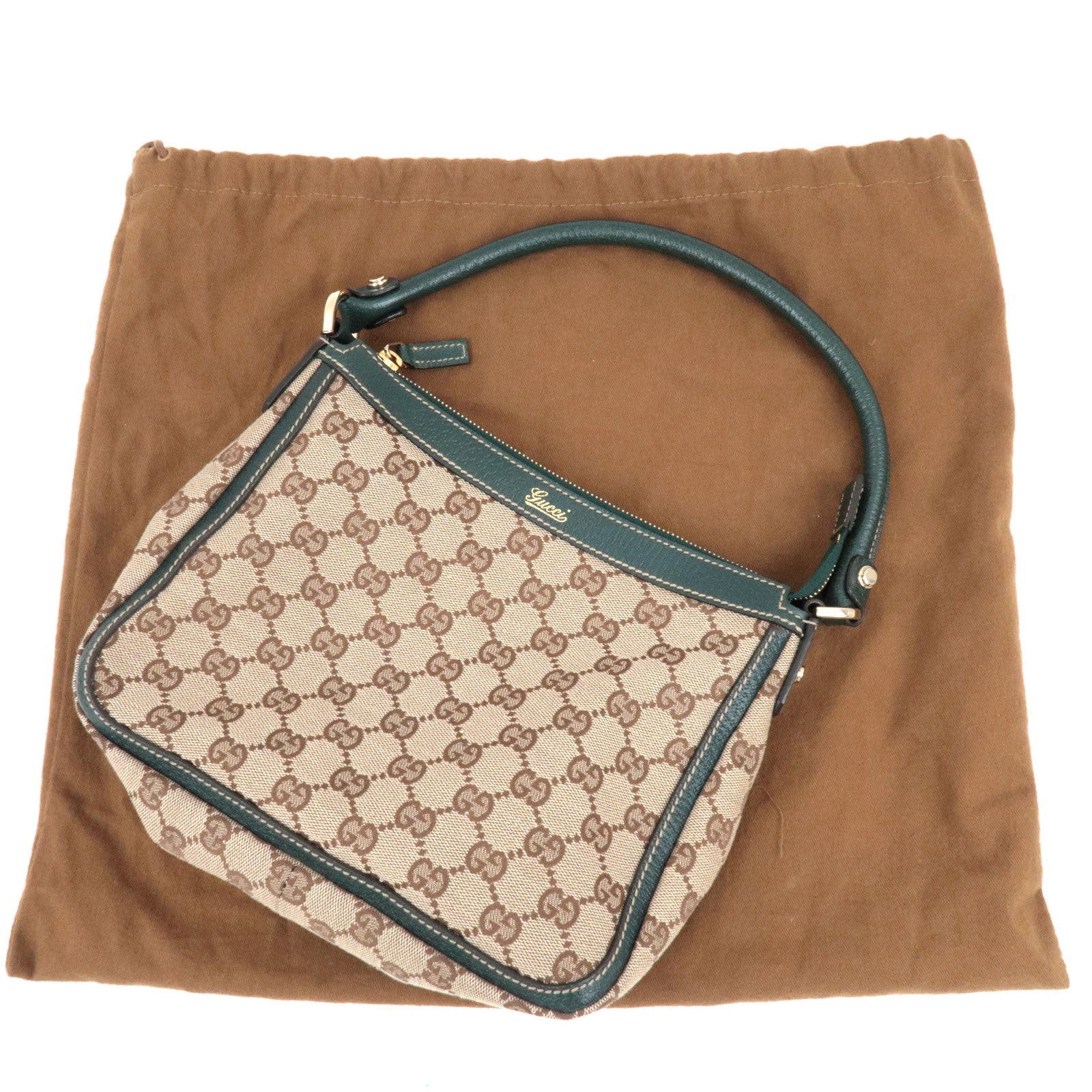 GUCCI GG Canvas leren schoudertas beige groen 146244 *Stofzak