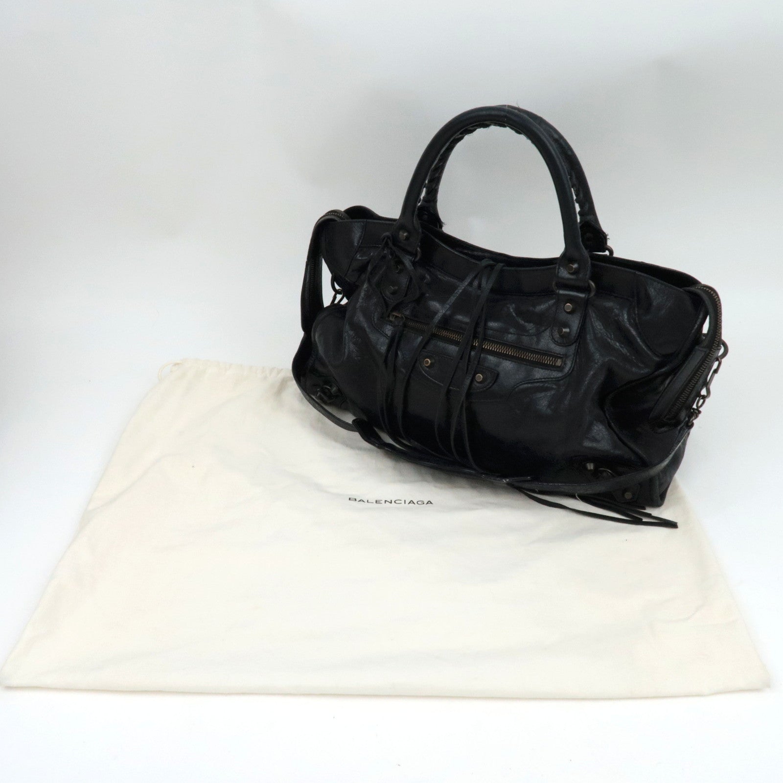 BALENCIAGA The City 2Way Bag Leather Black 115748  *dust bag, strap, mirror