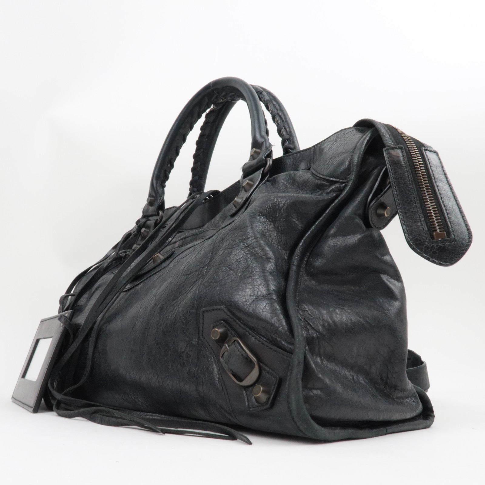 BALENCIAGA The City 2Way Bag Leather Black 115748  *dust bag, strap, mirror