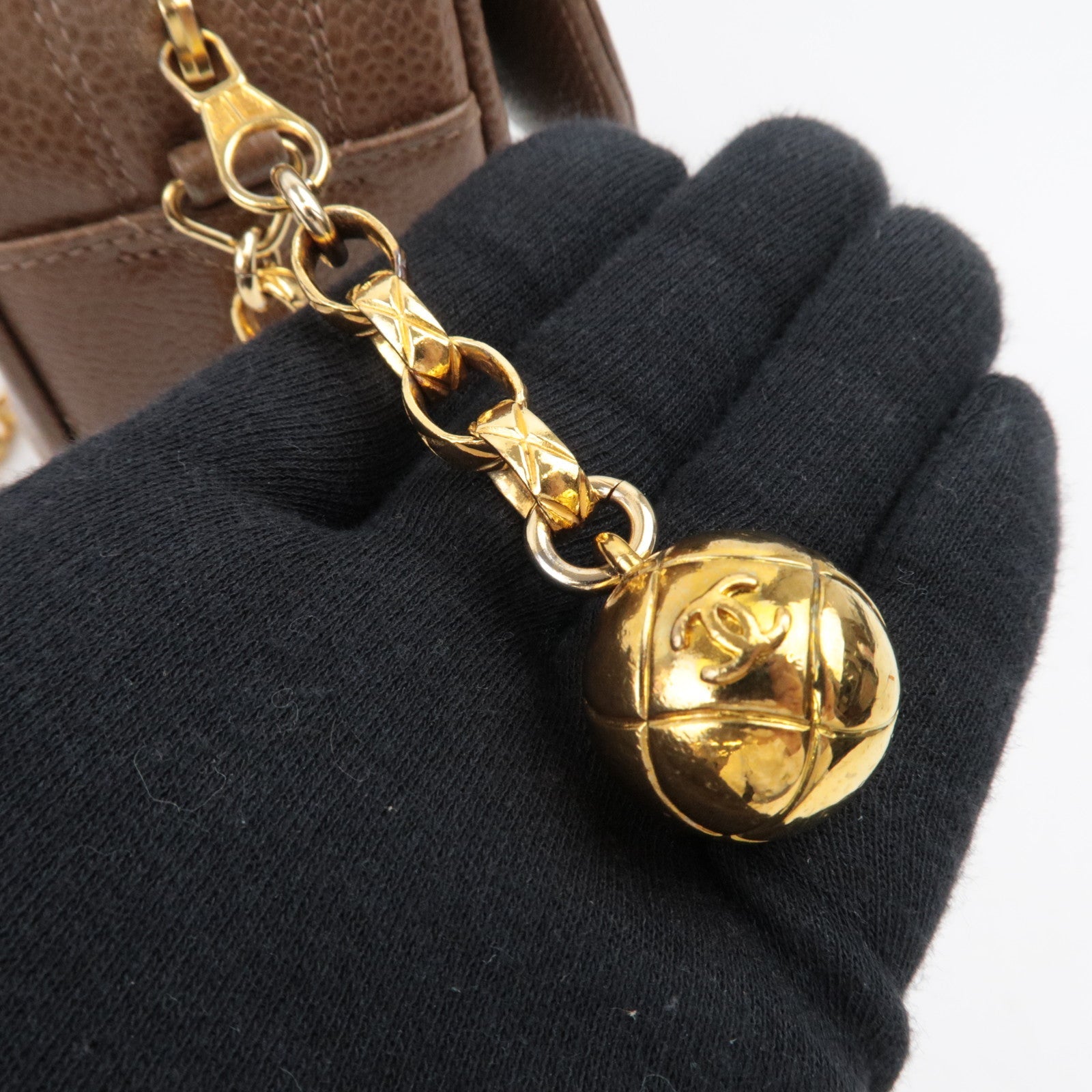 CHANEL Matelasse Cocoball Bijou Chain Shoulder Bag Caviar Skin Light Brown *Dust bag,G card