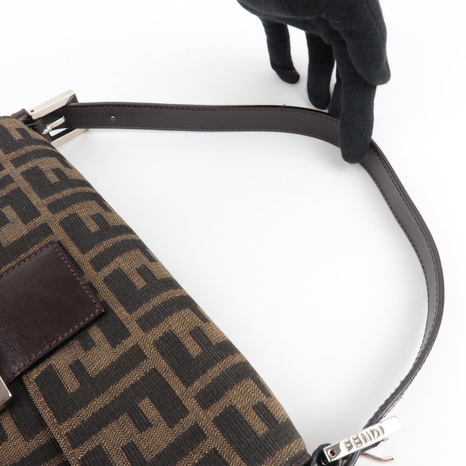 FENDI Zucca Mamma Baguette Shoulder Bag Canvas Leather Brown Black 26424 *Dust bag