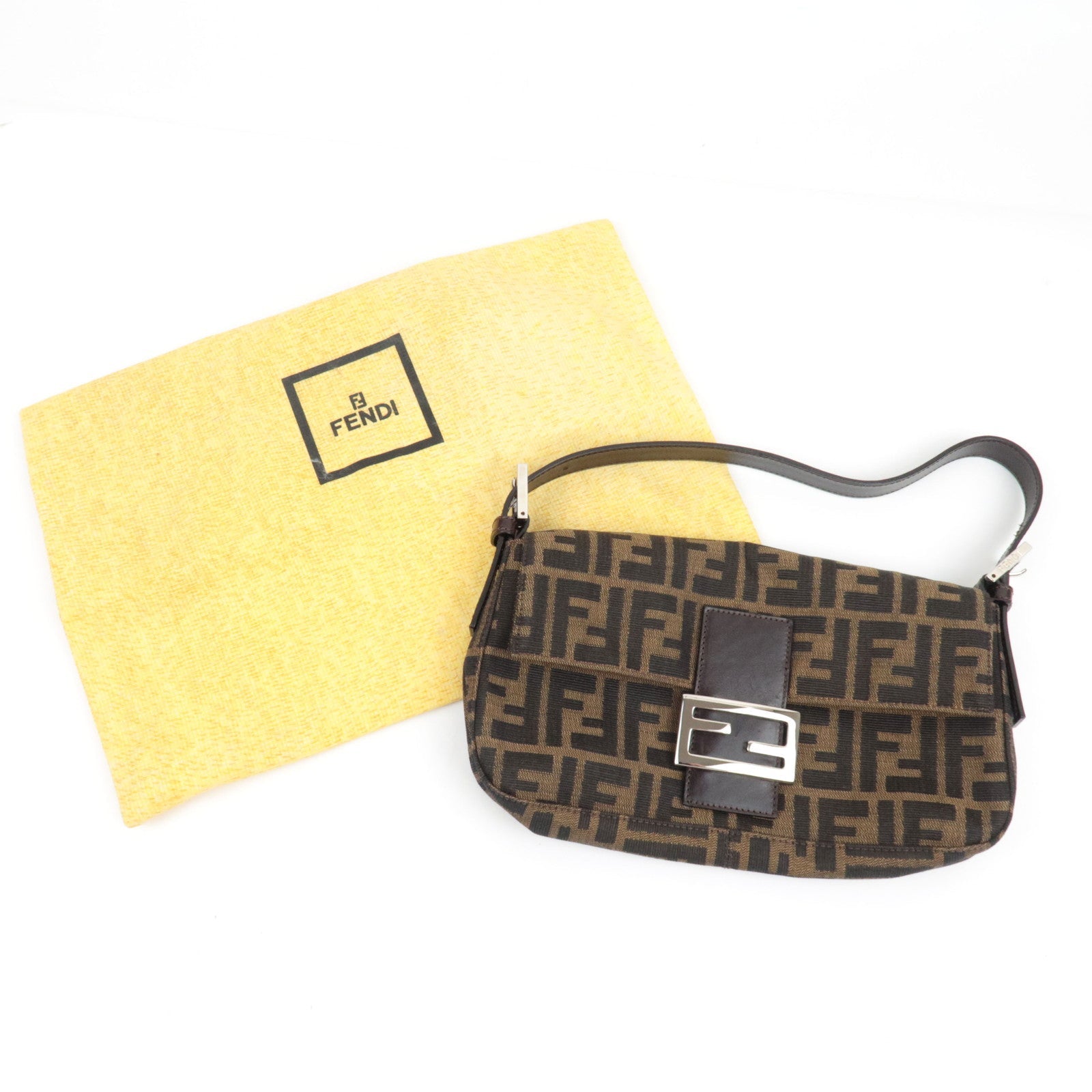 FENDI Zucca Mamma Baguette Shoulder Bag Canvas Leather Brown Black 26424 *Dust bag