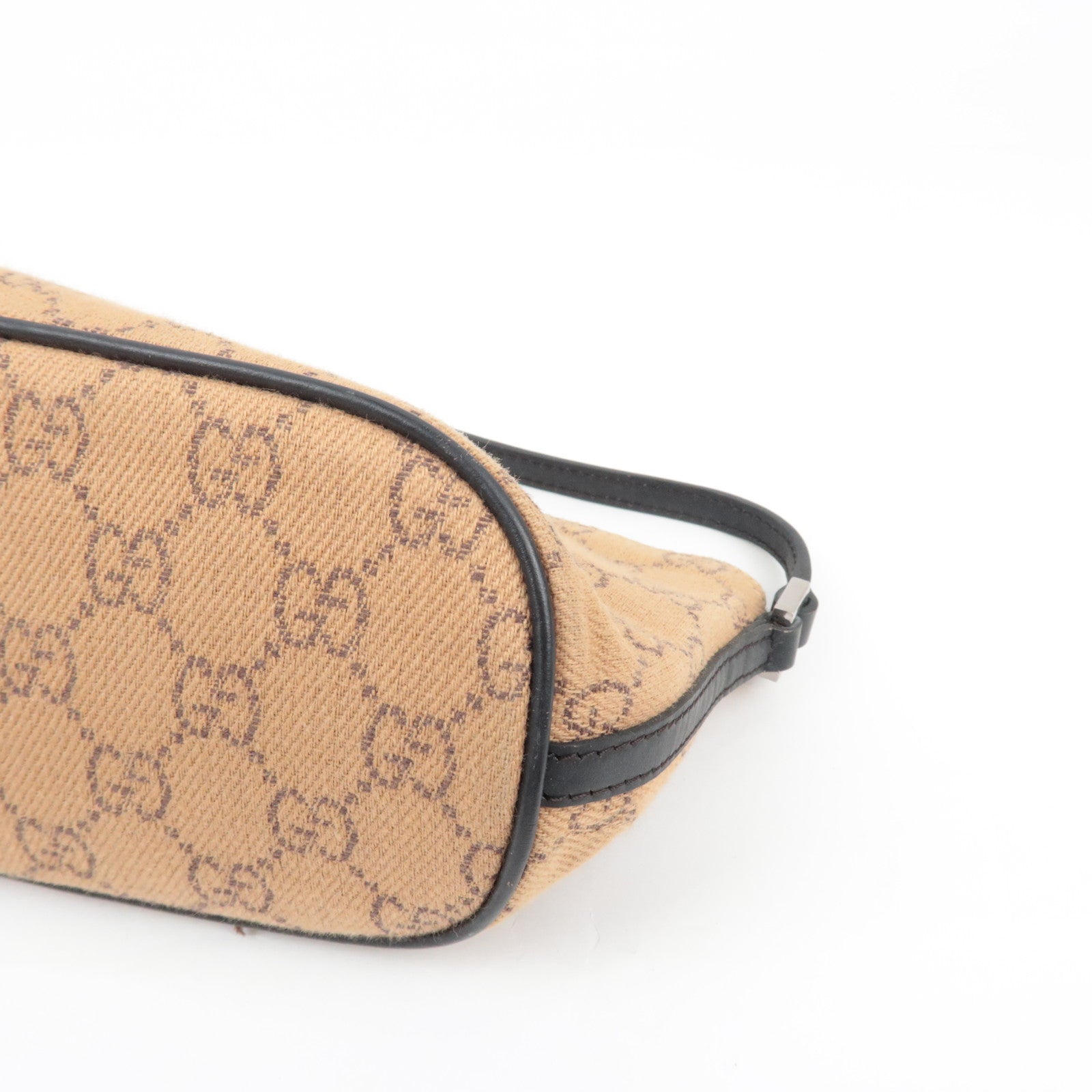 GUCCI Boat Bag Handbag Pouch GG Canvas Leather Beige Black 07198