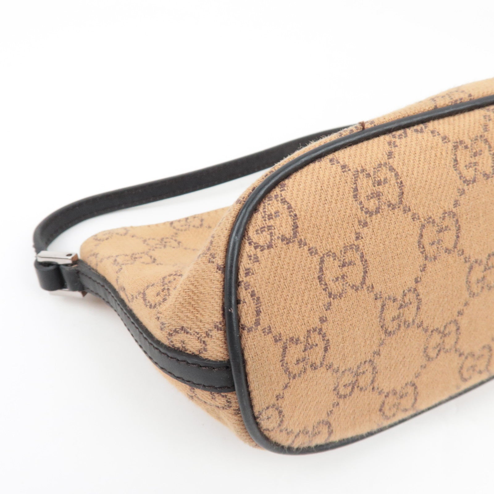 GUCCI Boat Bag Handbag Pouch GG Canvas Leather Beige Black 07198