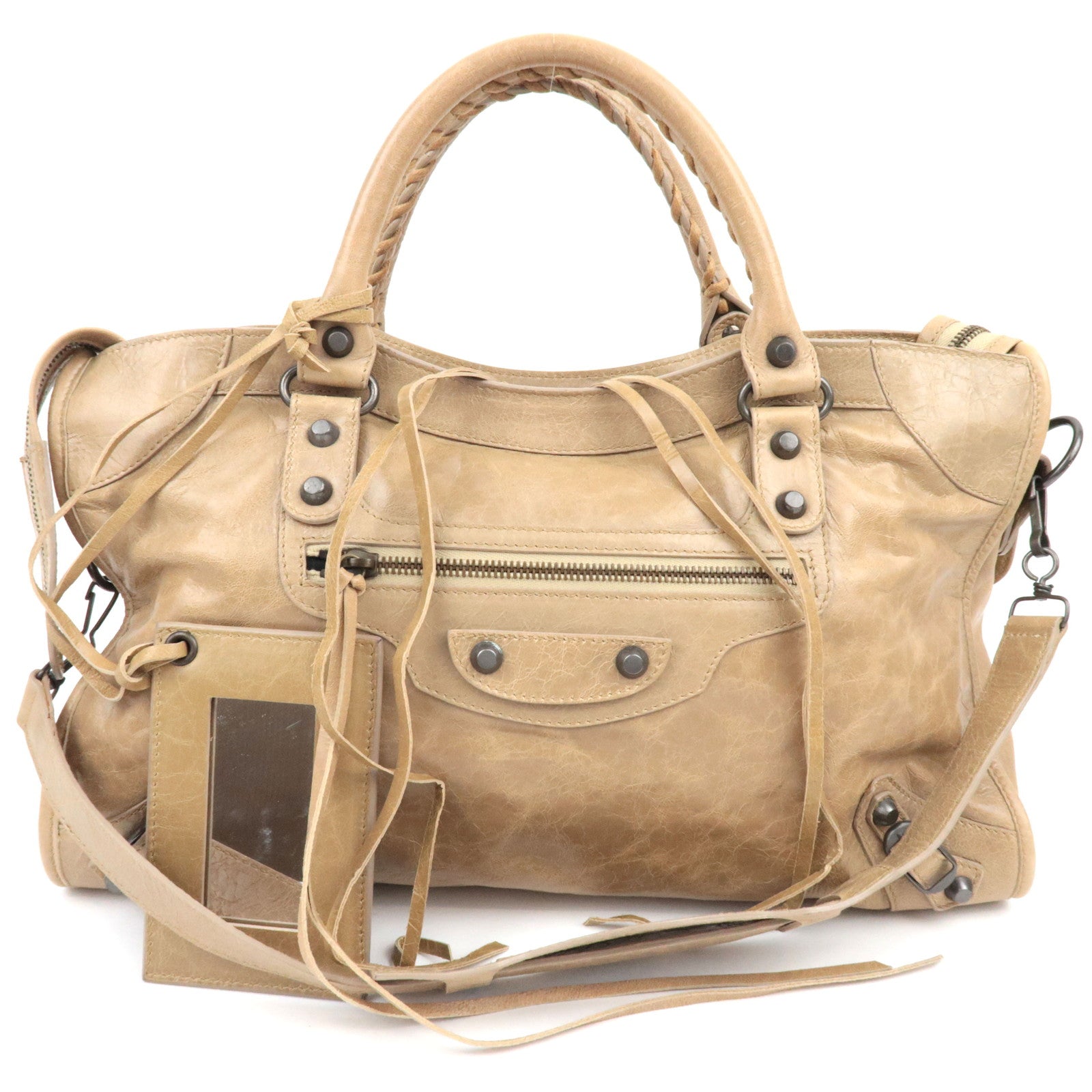 BALENCIAGA The City 2Way Handbag Leather Beige 115748  *Strap, Mirror73647