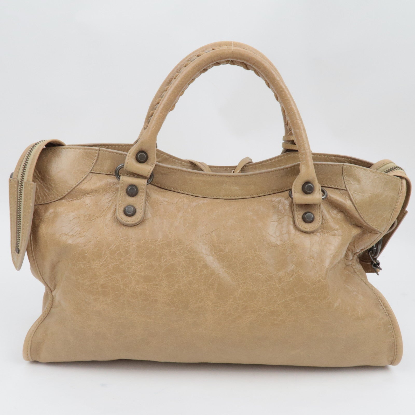 BALENCIAGA The City 2Way Handbag Leather Beige 115748  *Strap, Mirror