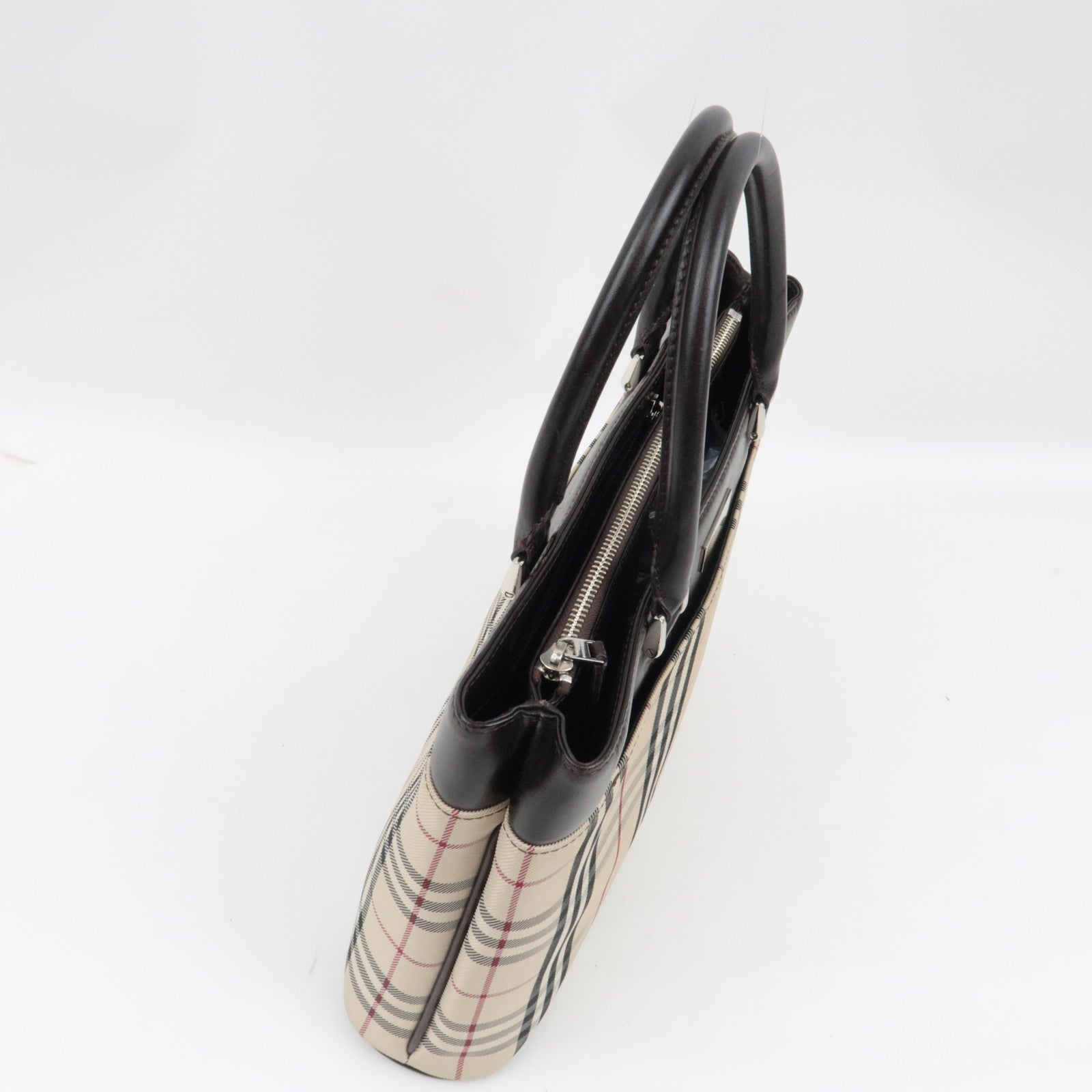 BURBERRY Nova Plaid Handbag Canvas Leather Beige Brown