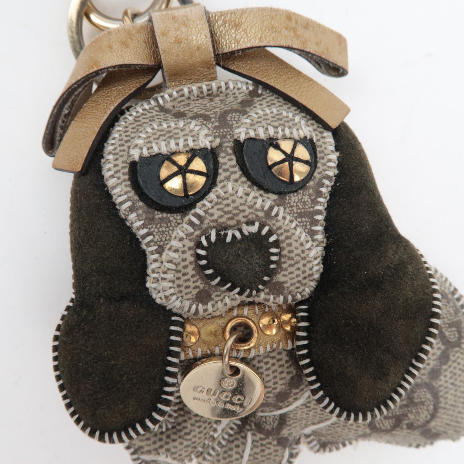 GUCCI GUCCIOLI Beagle Charm Bag Charm Keychain GG Supreme Leather Suede Beige