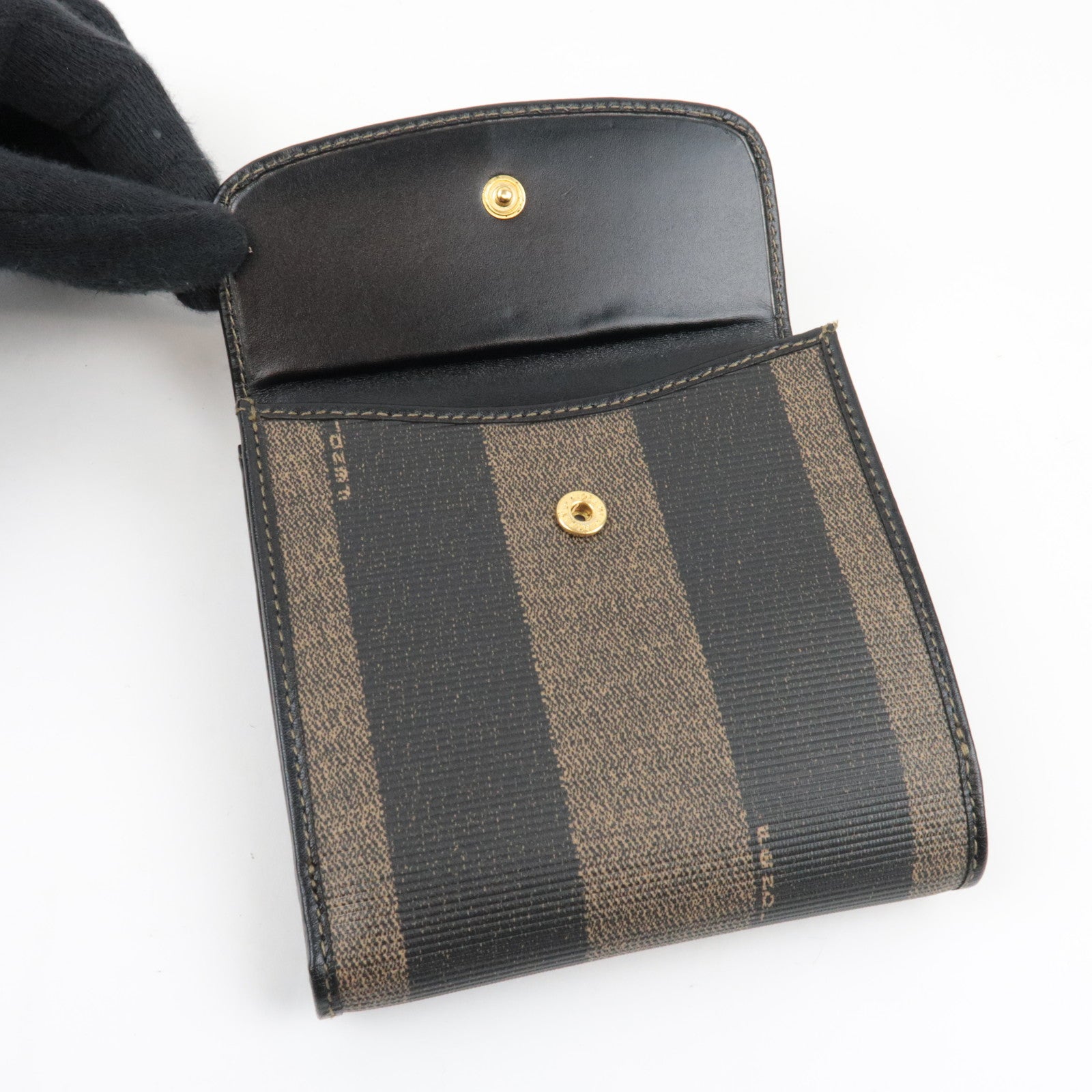 FENDI Pequin Bi-Fold Wallet PVC Leather Khaki Black 01695 *Box