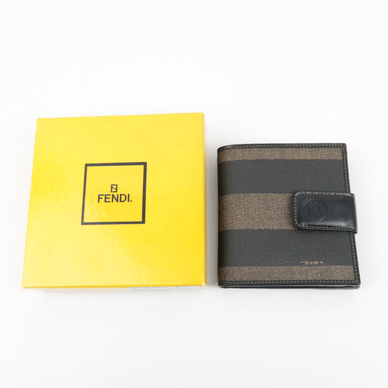 FENDI Pequin Bi-Fold Wallet PVC Leather Khaki Black 01695 *Box