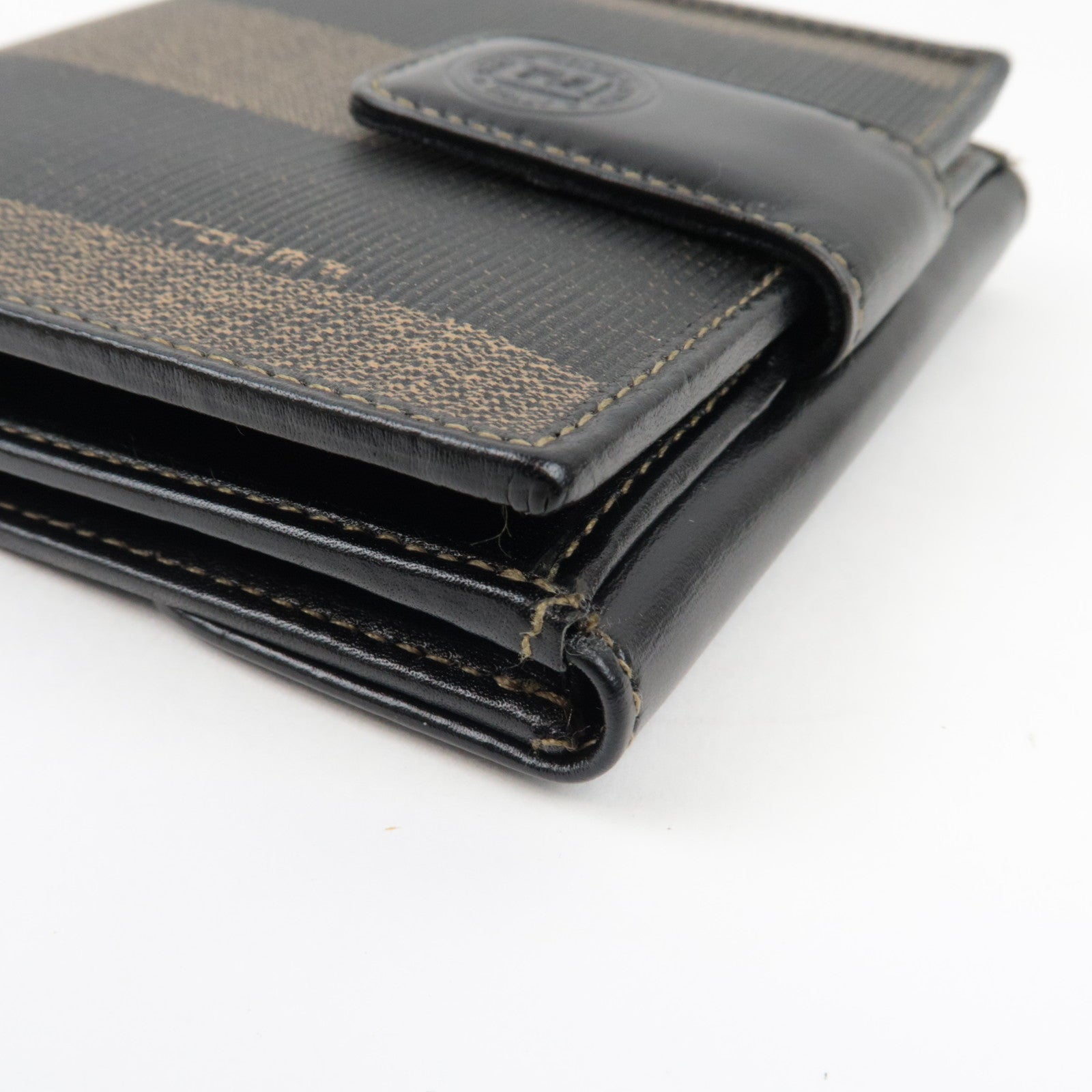 FENDI Pequin Bi-Fold Wallet PVC Leather Khaki Black 01695 *Box