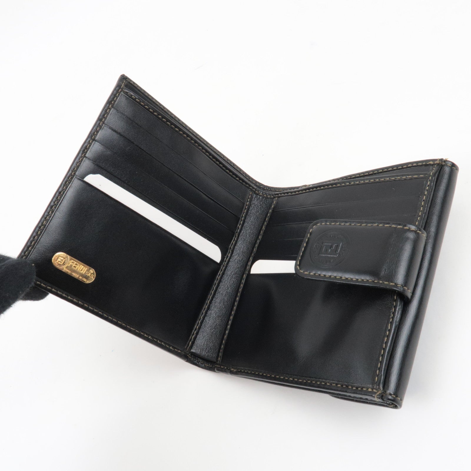 FENDI Pequin Bi-Fold Wallet PVC Leather Khaki Black 01695 *Box