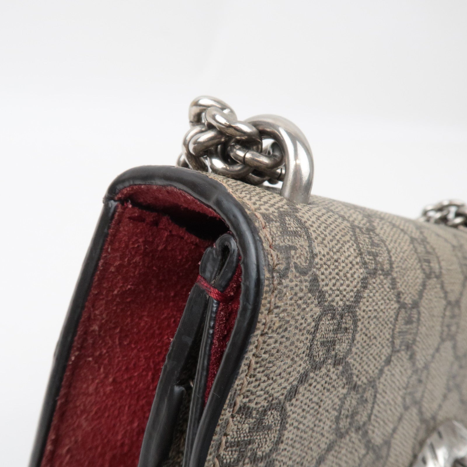 GUCCI Dionysus Double Chain Shoulder Bag GG Supreme Suede Beige Red 421970