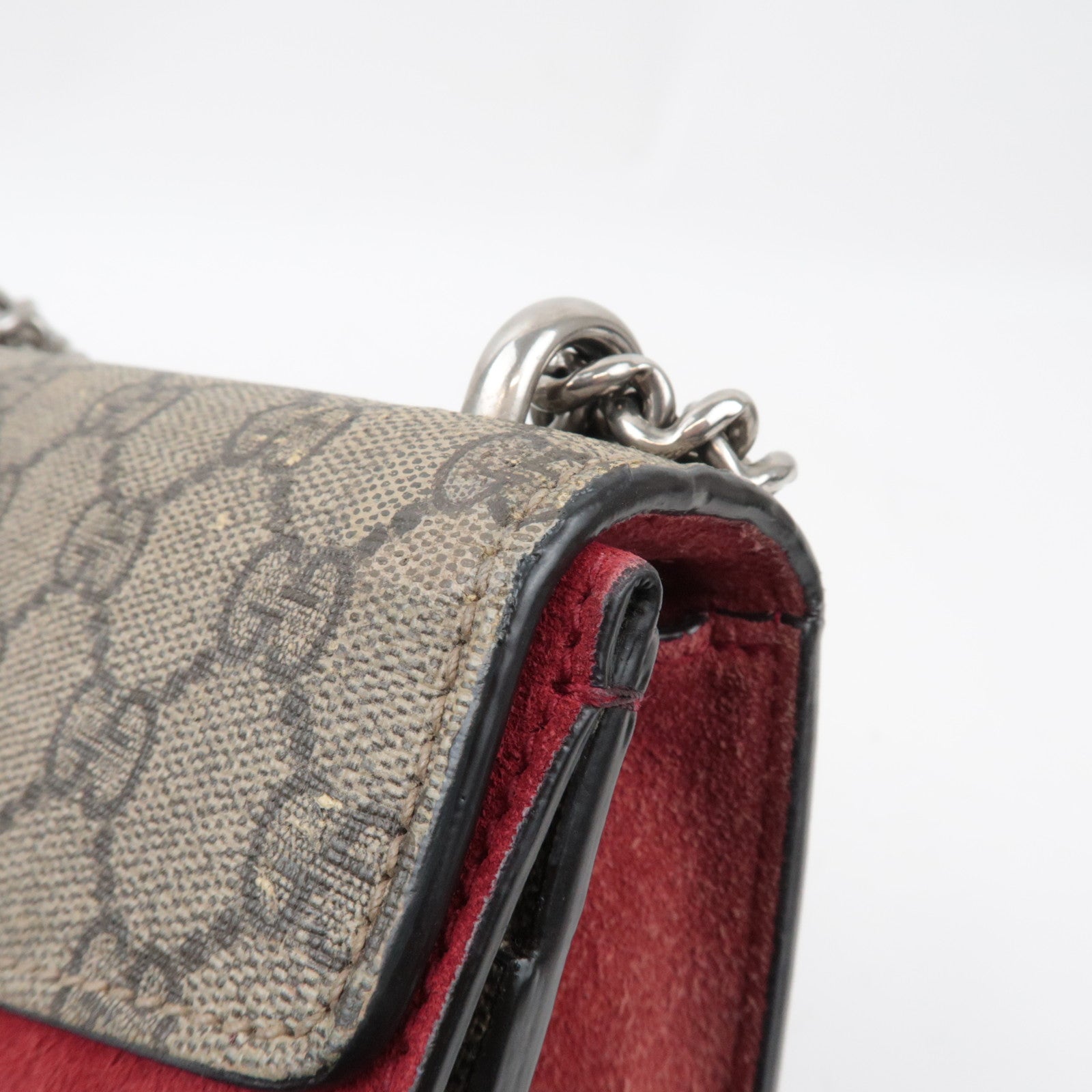 GUCCI Dionysus Double Chain Shoulder Bag GG Supreme Suede Beige Red 421970