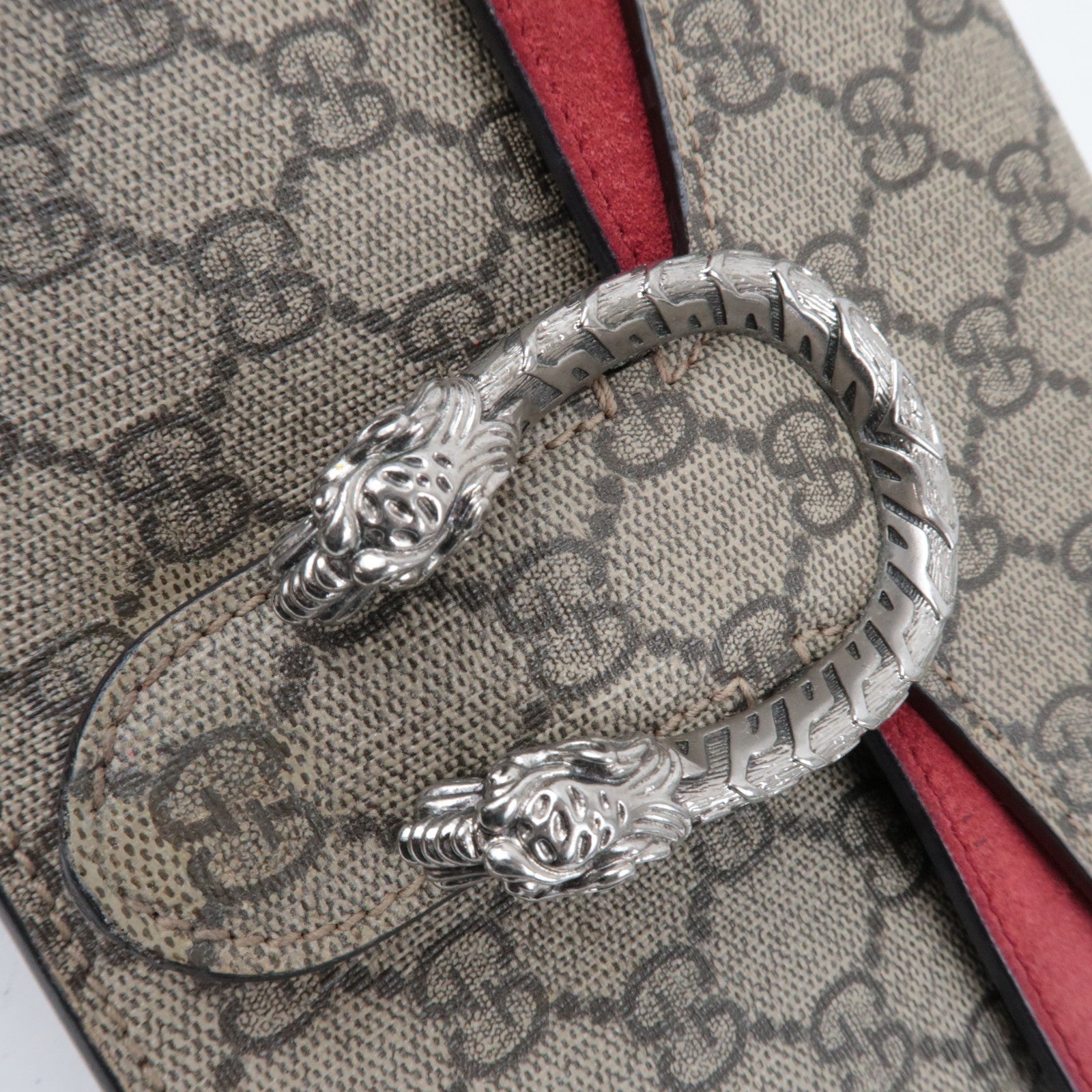 GUCCI Dionysus Double Chain Shoulder Bag GG Supreme Suede Beige Red 421970