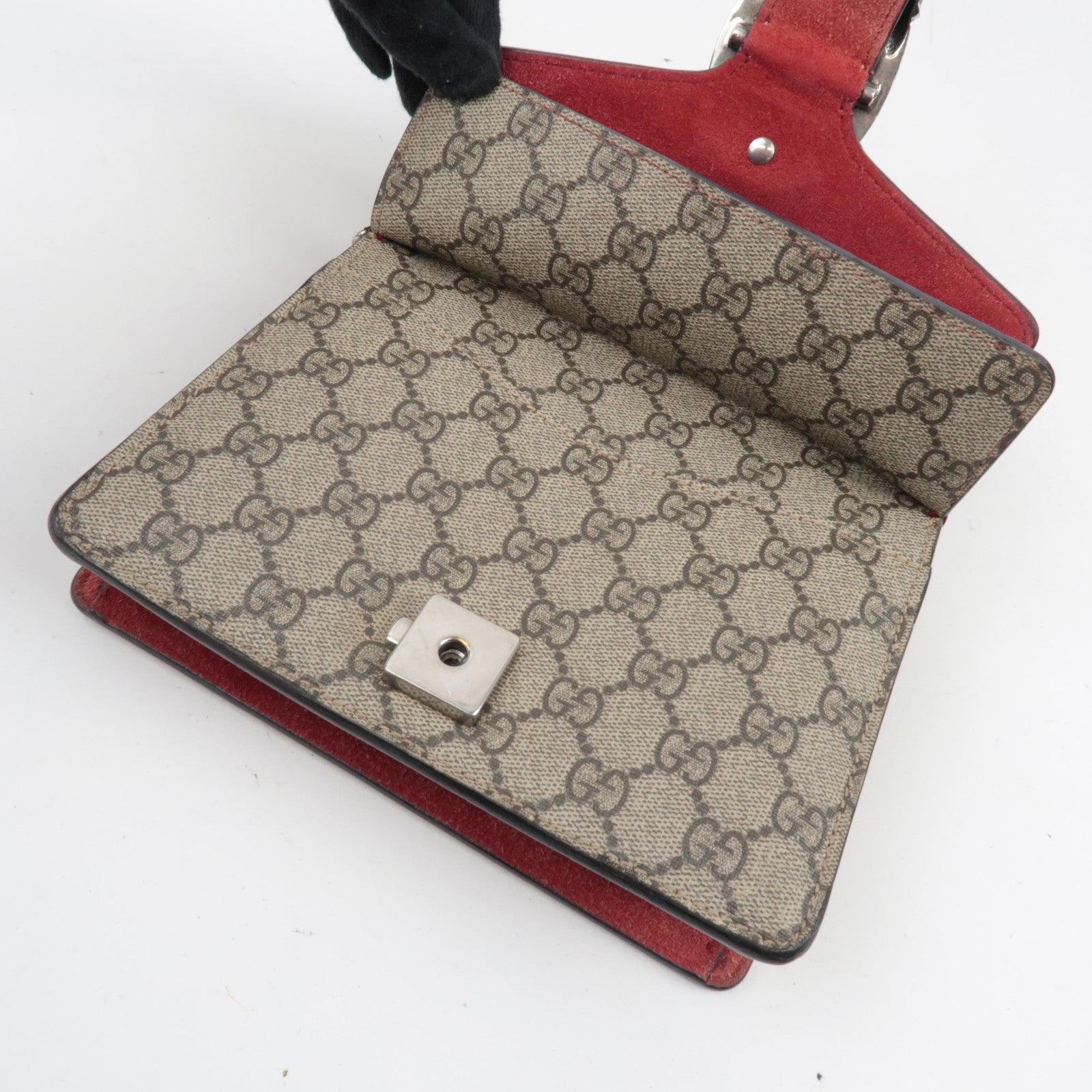 GUCCI Dionysus Double Chain Shoulder Bag GG Supreme Suede Beige Red 421970