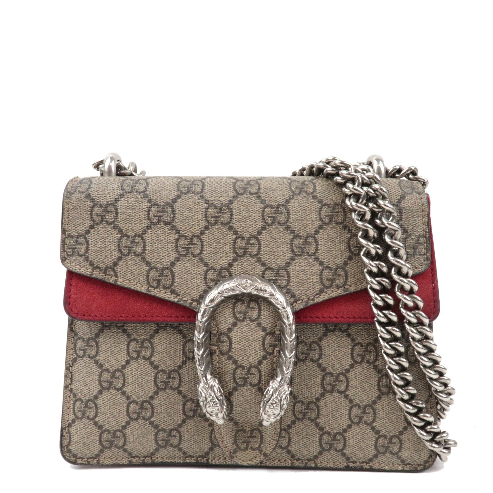 GUCCI Dionysus Double Chain Shoulder Bag GG Supreme Suede Beige Red 42197075143
