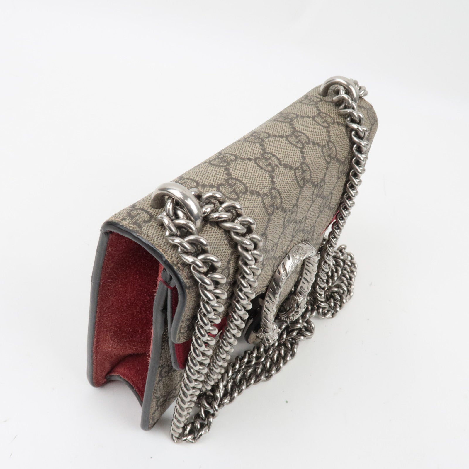 GUCCI Dionysus Double Chain Shoulder Bag GG Supreme Suede Beige Red 421970