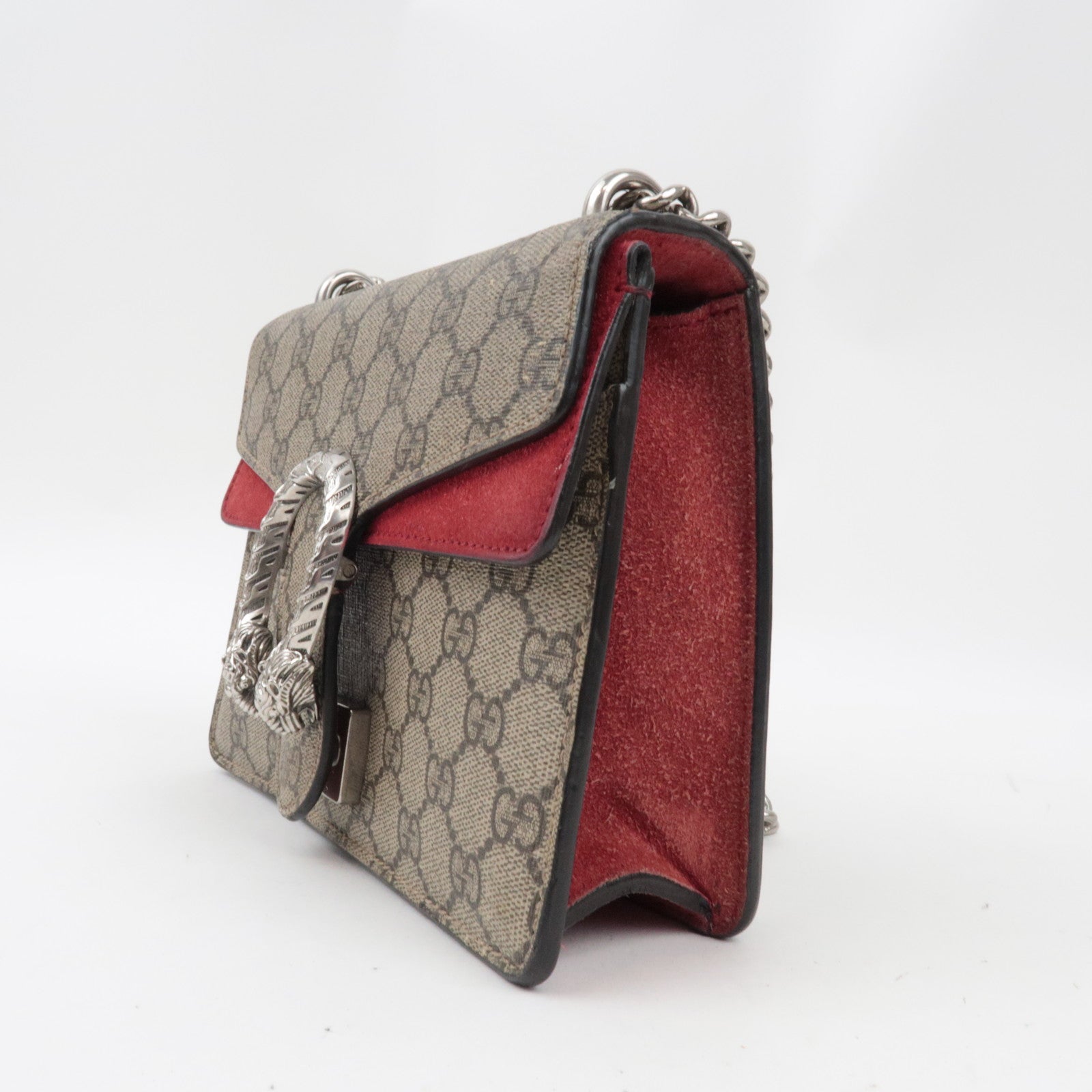 GUCCI Dionysus Double Chain Shoulder Bag GG Supreme Suede Beige Red 421970