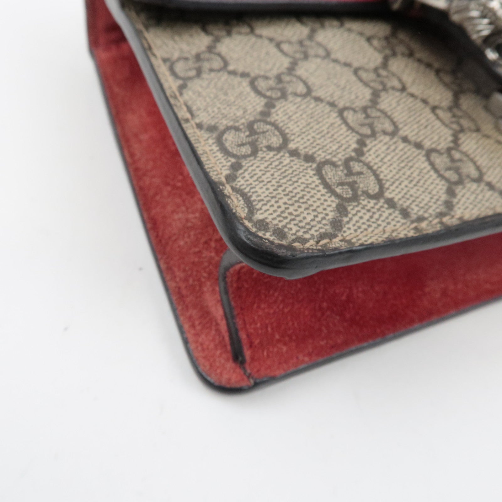 GUCCI Dionysus Double Chain Shoulder Bag GG Supreme Suede Beige Red 421970