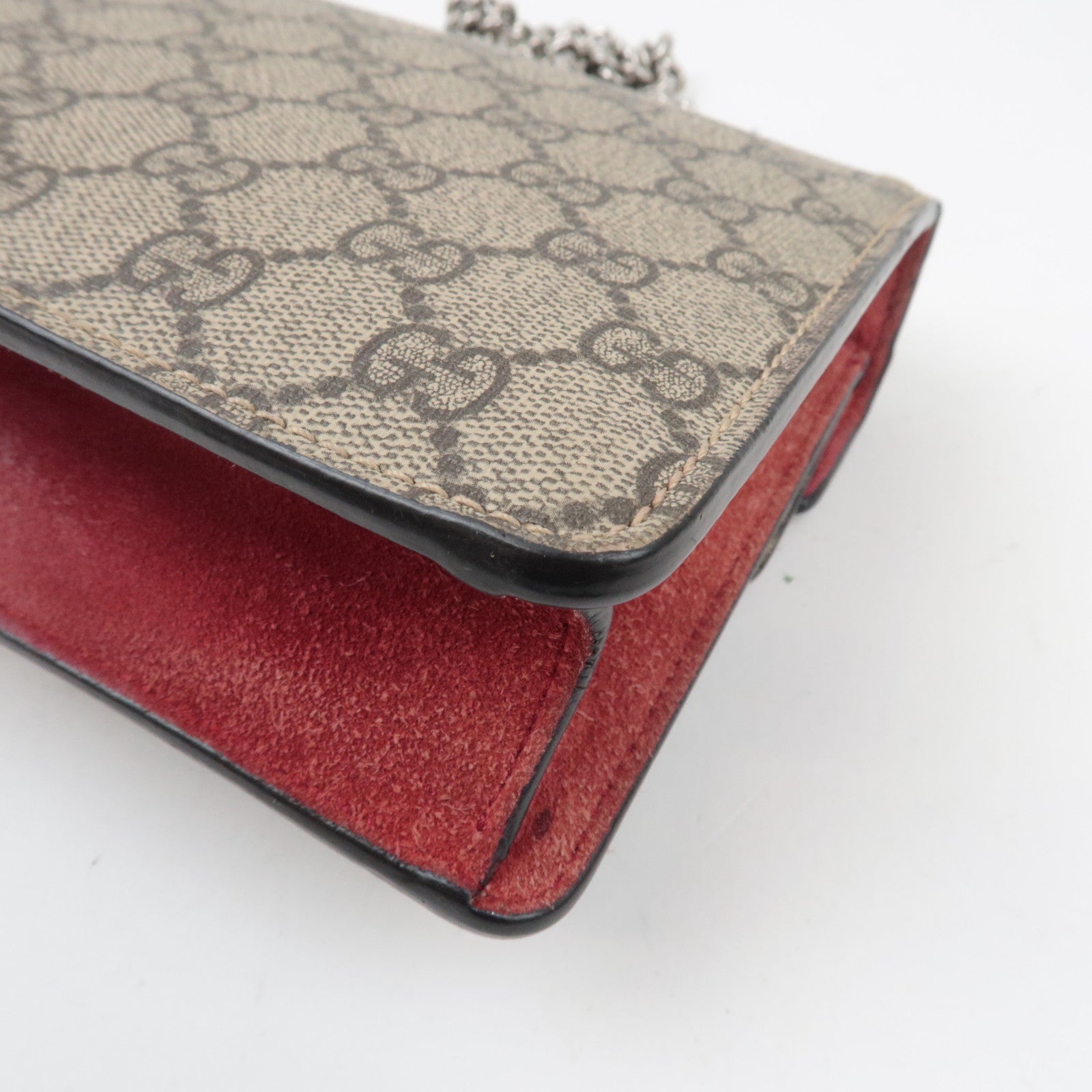 GUCCI Dionysus Double Chain Shoulder Bag GG Supreme Suede Beige Red 421970