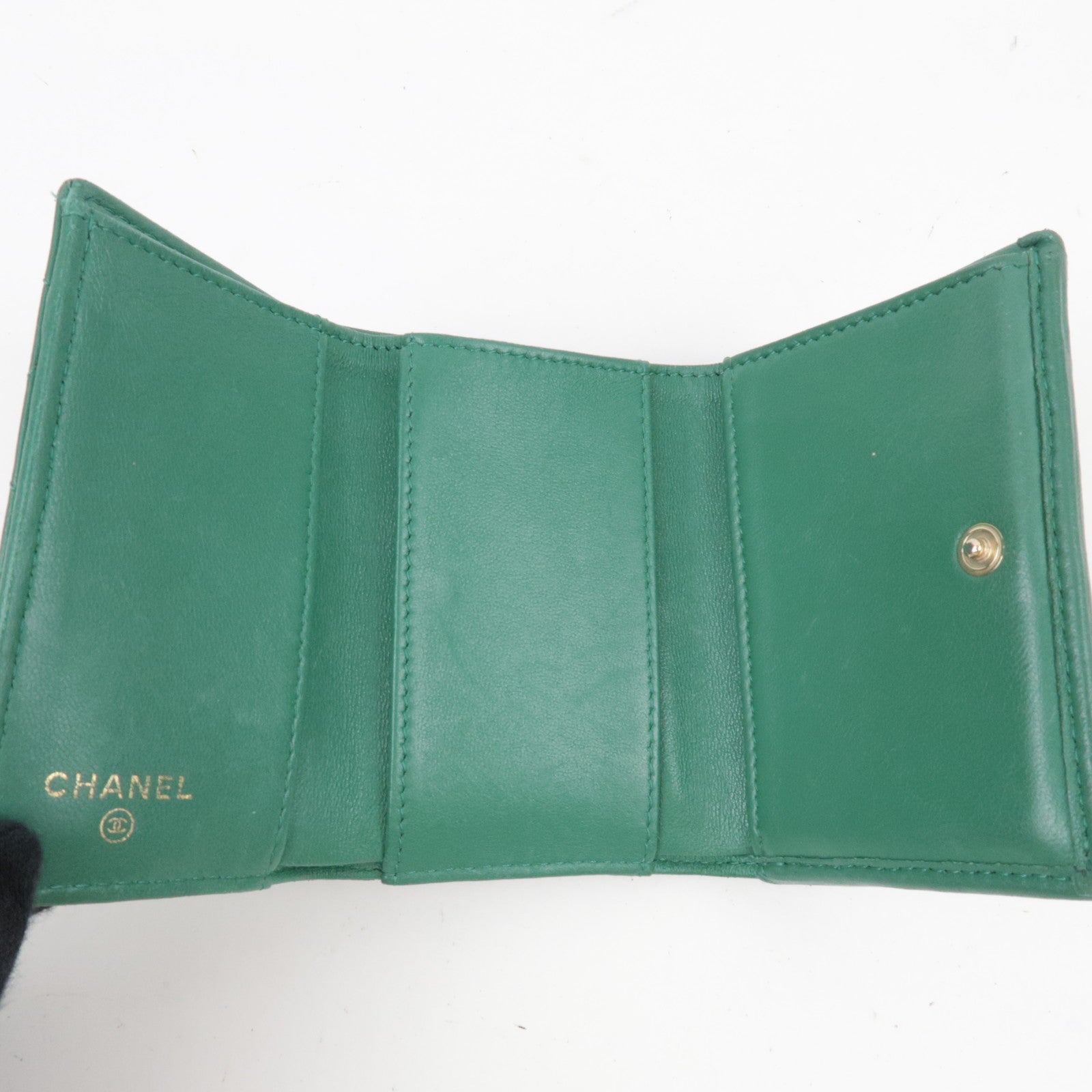 CHANEL Coco Mark Small Flap Wallet Tri-Fold Wallet Lambskin Green LHX2C090 *Box, Dust bag