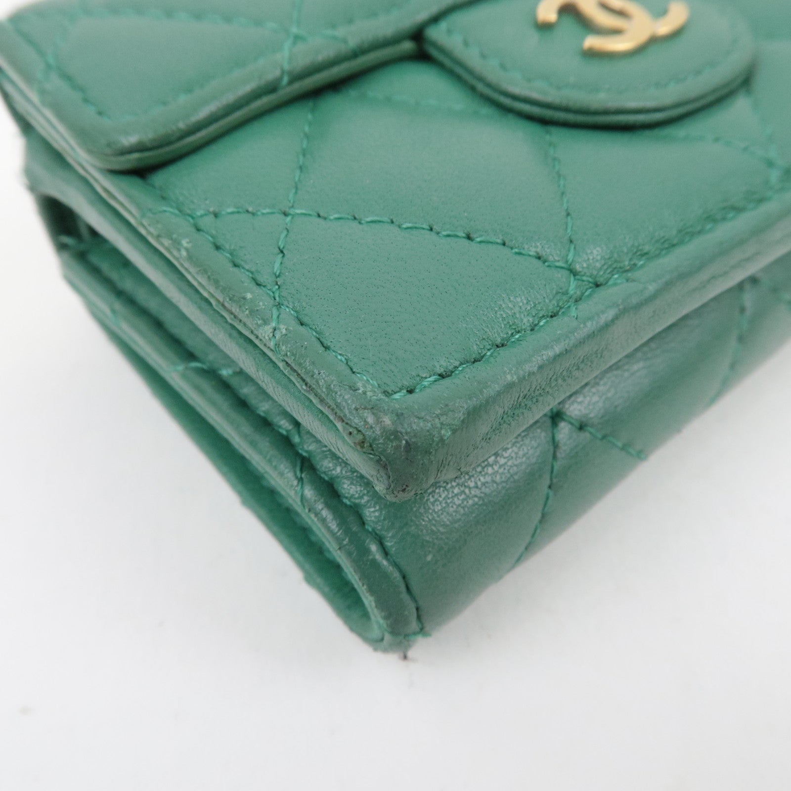 CHANEL Coco Mark Small Flap Wallet Tri-Fold Wallet Lambskin Green LHX2C090 *Box, Dust bag