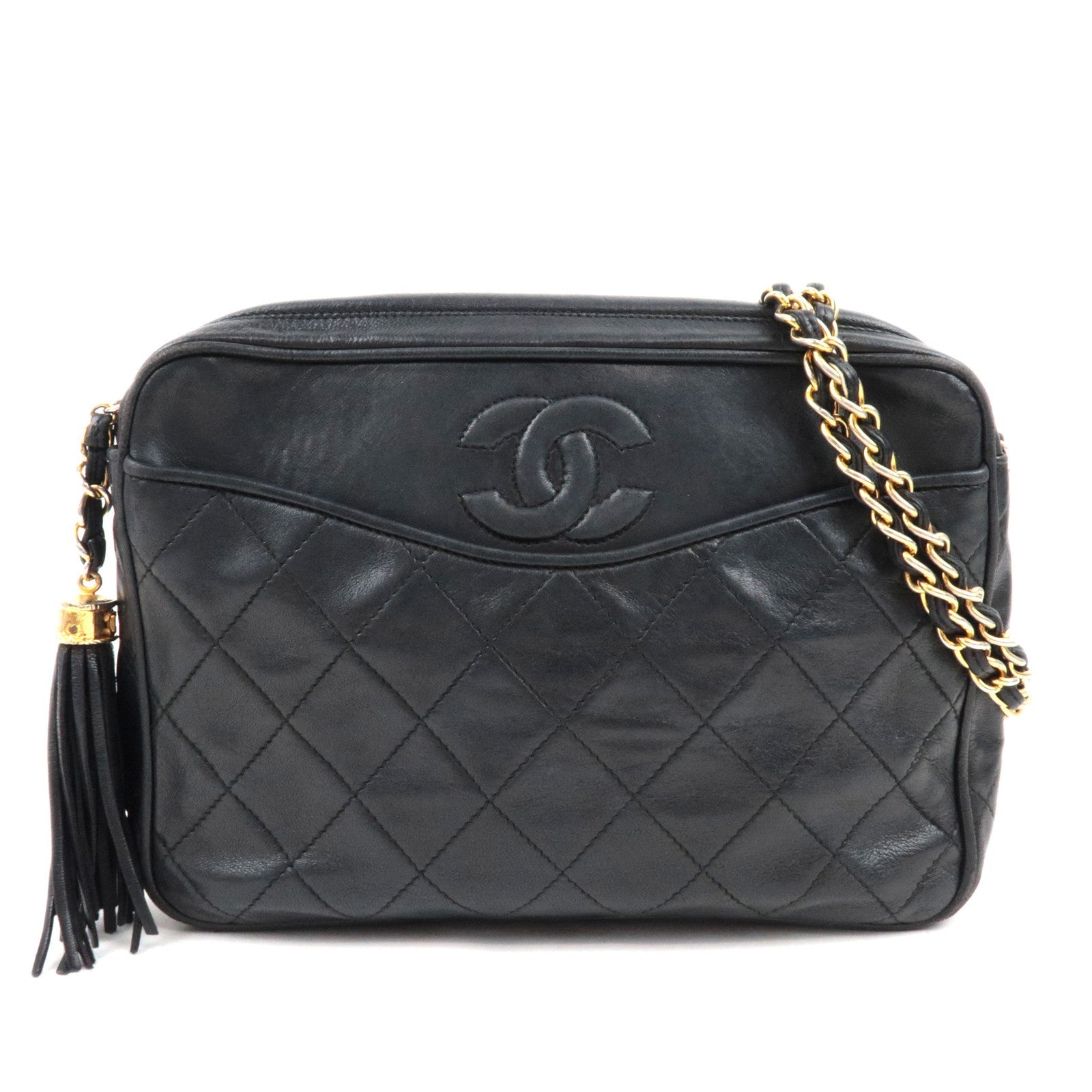 CHANEL Tassel Matelasse Chain Shoulder Bag Lambskin Black 086673375358